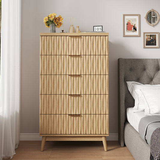 47" Tall 5 Fluted Drawer Dresser, Solid Wood Chest of Drawers with Glossy Handle, Storage Cabinet for Bedroom, Living Room, Entryway