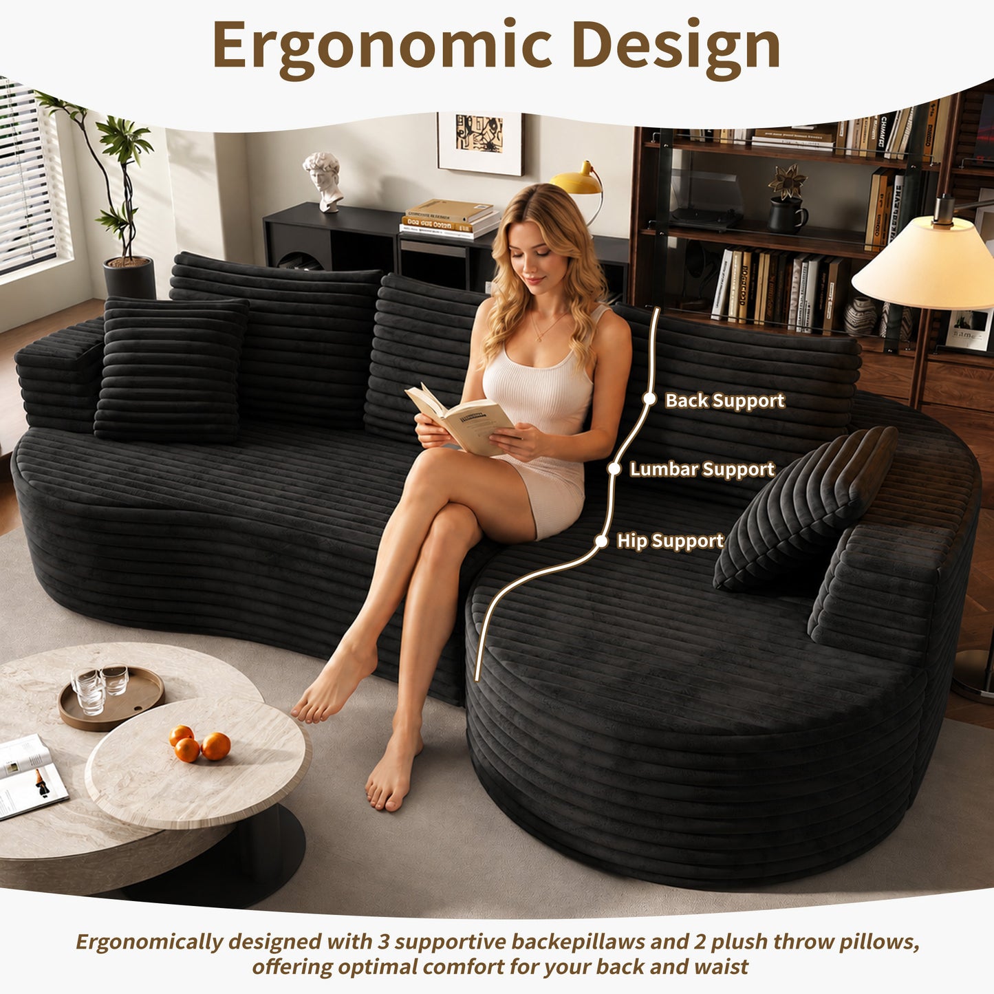 118" Curved Modular Cloud Couch, L-Shape Chaise Sectional Sofa with Plush Deep Seat, Soft Corduroy Upholstered Boneless Sofa for Living Room, No Assembly Needed, Black