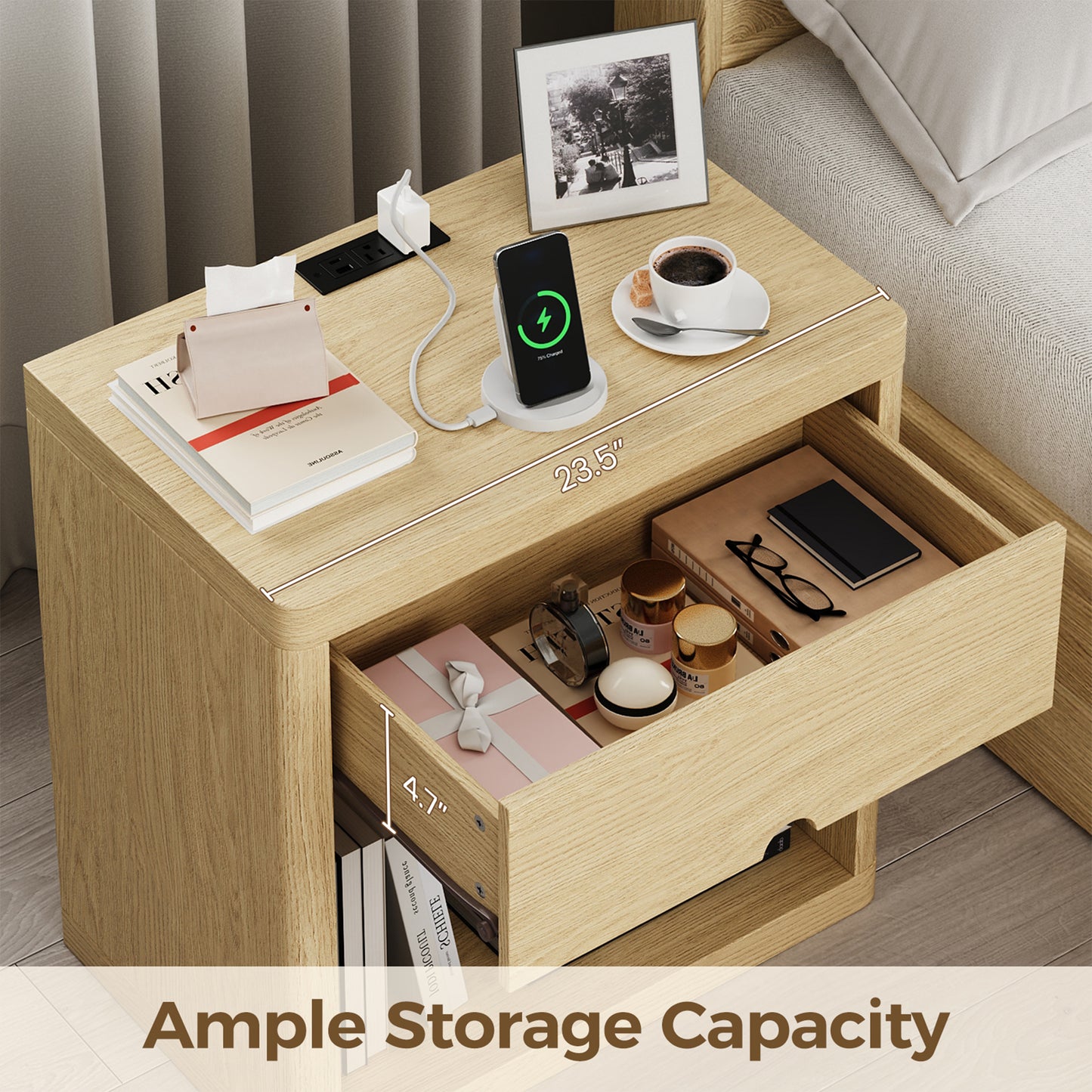 Set of 2 Wood Nightstands with USB Charging Station, 24" Bedside Tables with Safe Rounded Corners & Crescent Handles - Sturdy End Tables for Bedroom, Living Room, Nursery (Wood, 2-Piece Set)