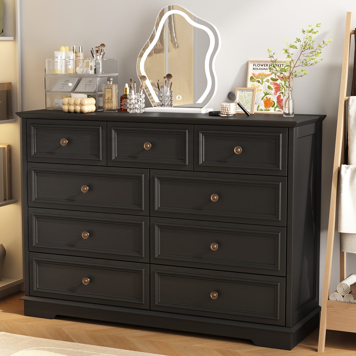 9 Drawer Chest of Drawers, Tall Storage Dresser Organizer, Modern Storage Cabinet Dresser Organizer Unit with Antique Bronze Round Handles for Living Room, Closet, Hallway, Entryway
