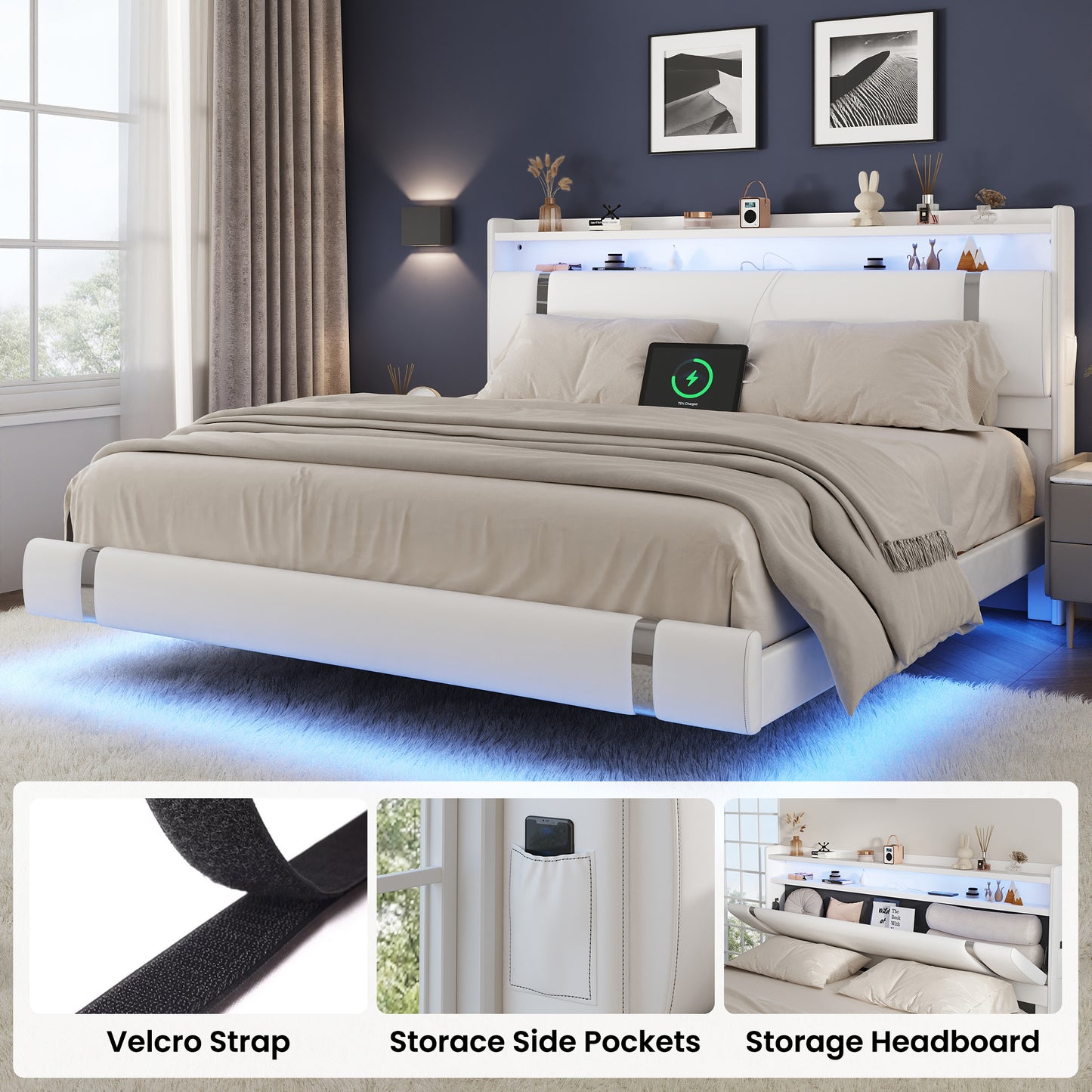 NEGYLIM Floating Bed Frame King Size with LED Lights, Easy to Assemble, Metal Platform Bed with Storage Headboard, No Box Spring Needed, White