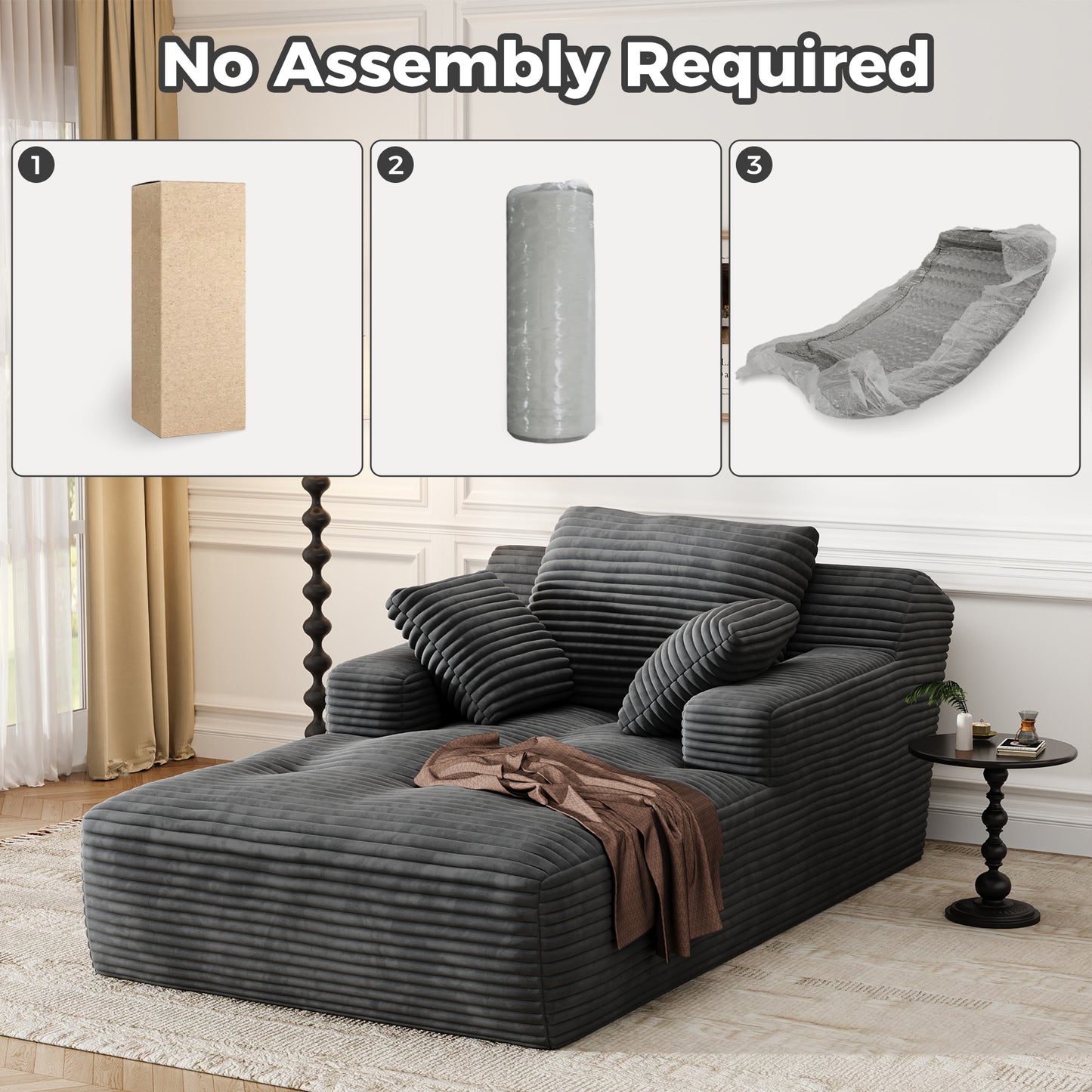 67'' Oversized Chaise Lounge Chair, Cloud Plush Corduroy Sofa Bed for Living Room, Modern Deep Seat Sleeper Couch with Back Cushion, No Assembly Required, (Charcoal)