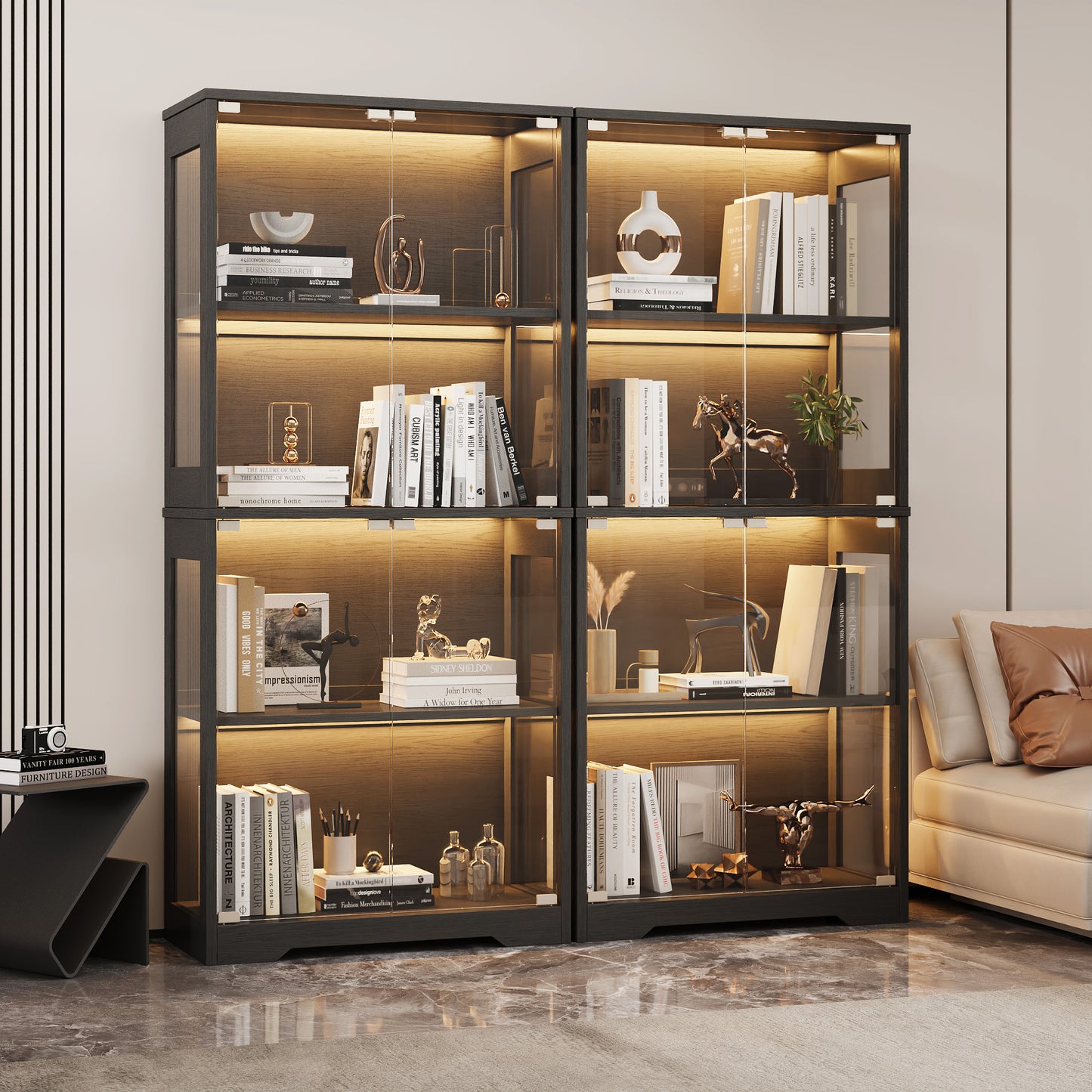 Black LED Display Cabinet with 4-Tier Tempered Glass Magnetic Doors, Tall Dustproof Curio Storage Shelf for Gundam Figures, Collectibles, Game Gear, Modern Display Rack for Gaming Room Bedroom
