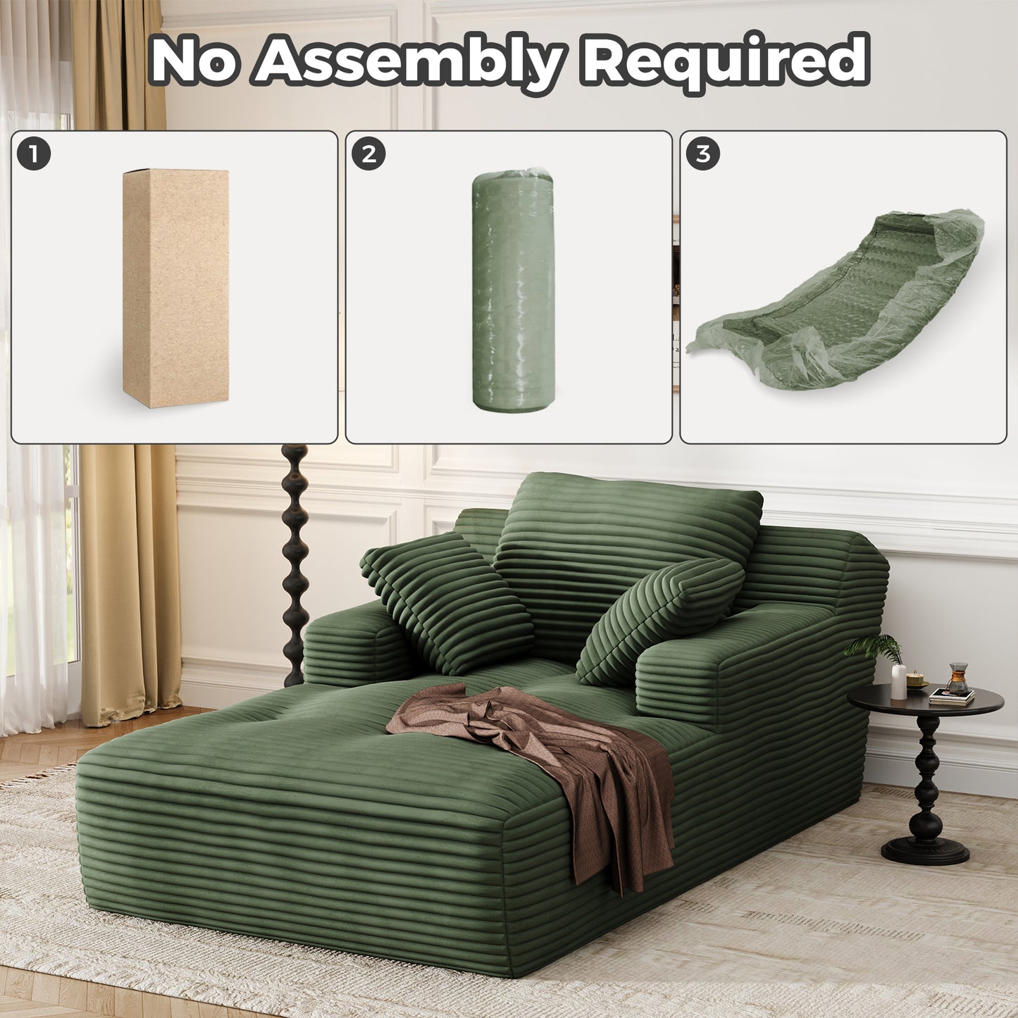 67'' Oversized Chaise Lounge Chair, Cloud Plush Corduroy Sofa Bed for Living Room, Modern Deep Seat Sleeper Couch with Back Cushion, No Assembly Required, (Sage Green)