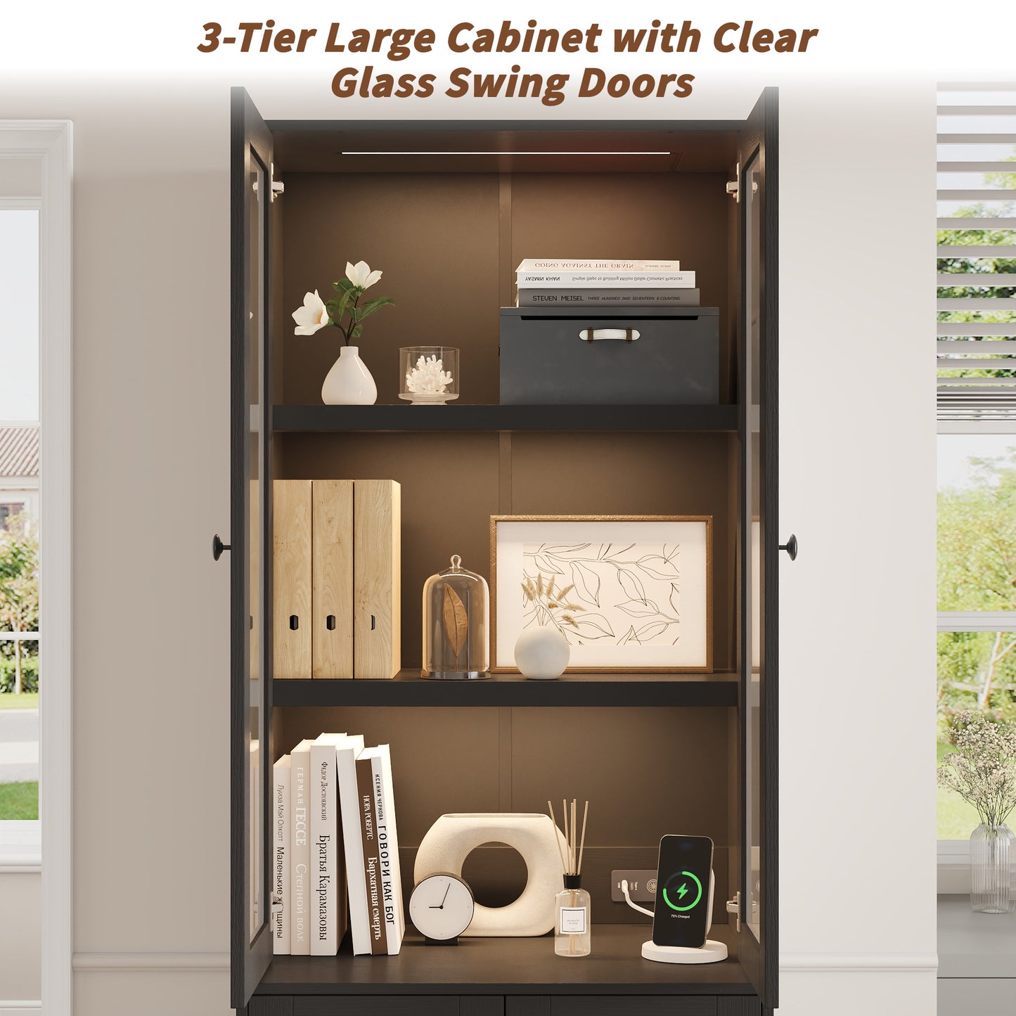 2Pcs 71" Bookshelf with Storage, Modern Bookshelves with 3 Large Drawer, Display Bookcase with Glass Doors, Modern DIY Mix Cabinet for Home Office, Dining Room (Black, BA)