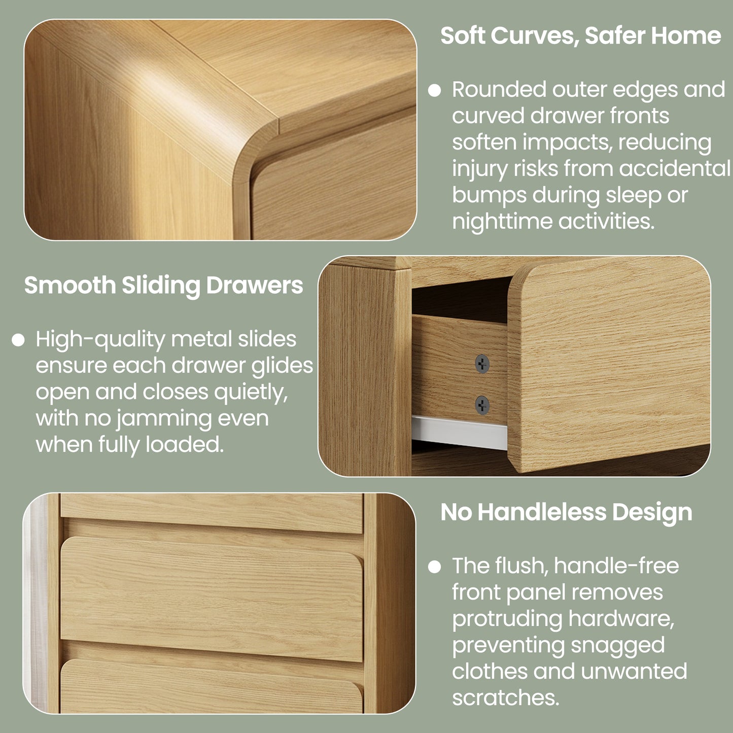 3 Drawers Modern Nightstand with Charging Station, Bedside Table for Bedroom and Living Room, Large Storage End Table with Curved Design, Natural