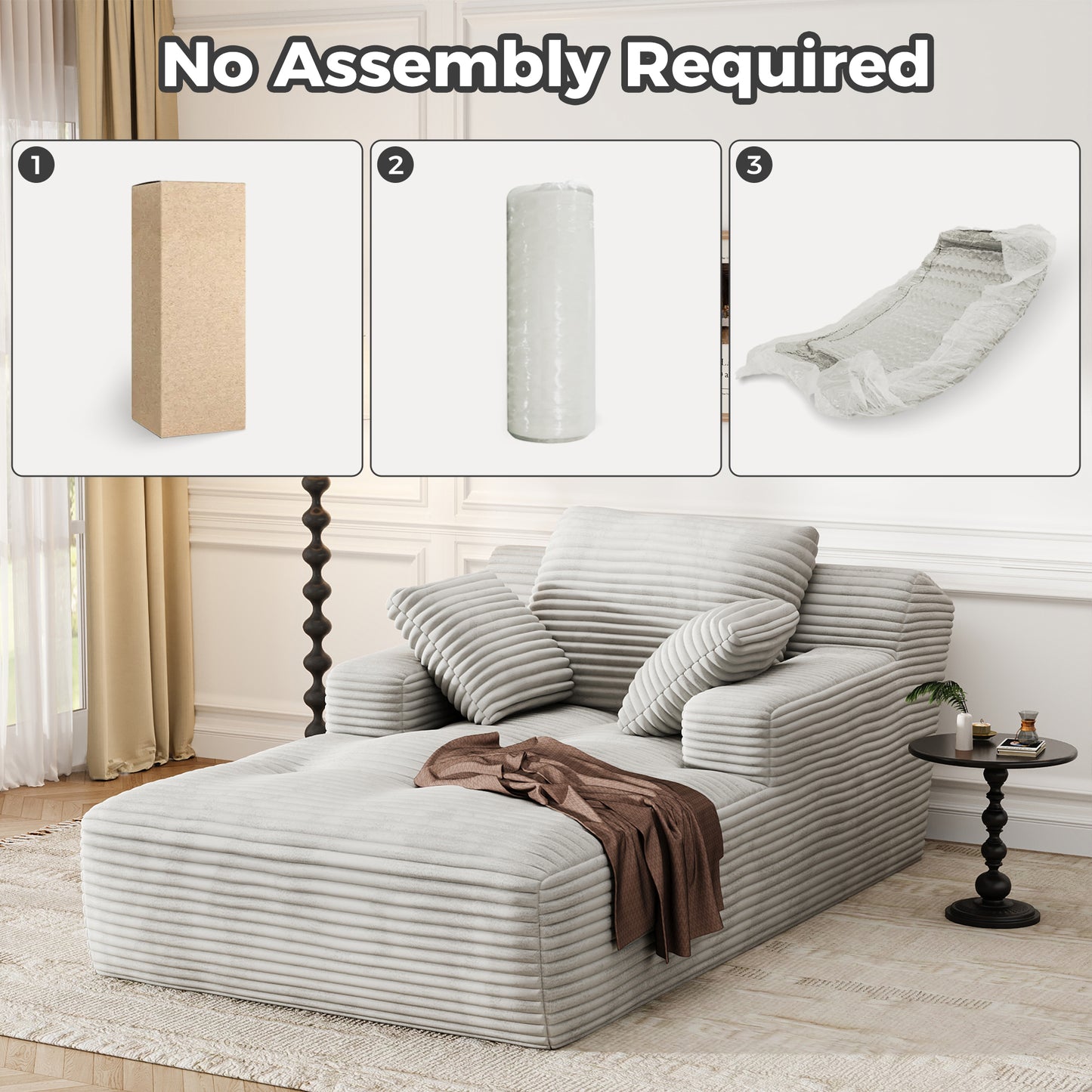 67'' Oversized Chaise Lounge Chair, Cloud Plush Corduroy Sofa Bed for Living Room, Modern Deep Seat Sleeper Couch with Back Cushion, No Assembly Required, (Oyster White)