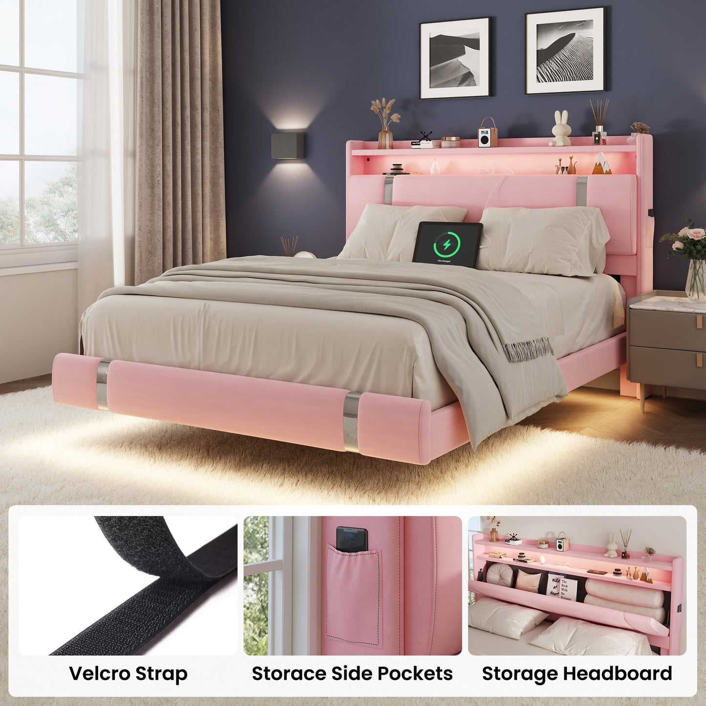 NEGYLIM Floating Bed Frame Twin Size with LED Lights, Easy to Assemble, Metal Platform Bed with Storage Headboard, No Box Spring Needed, Pink