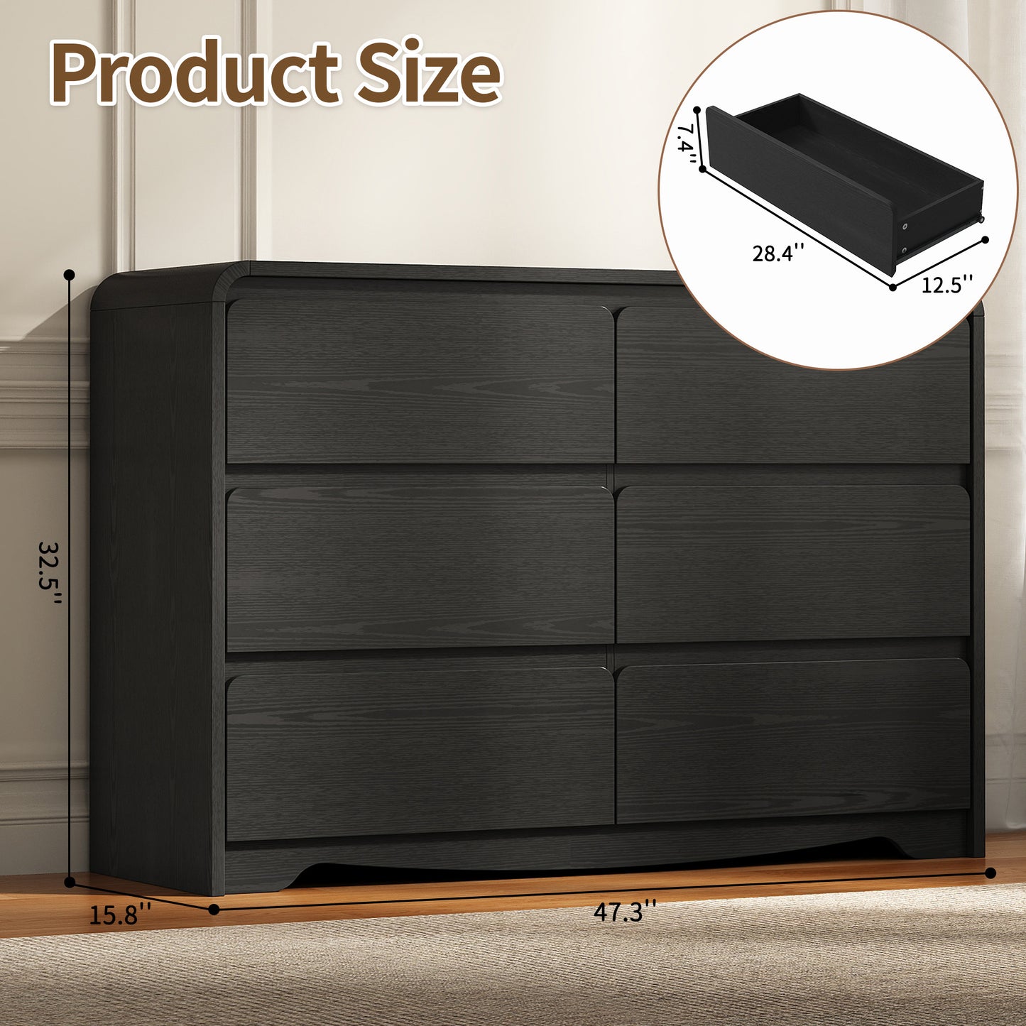 6-Drawer Dresser for Bedroom, 47-inch Wide Modern Minimalist Storage C