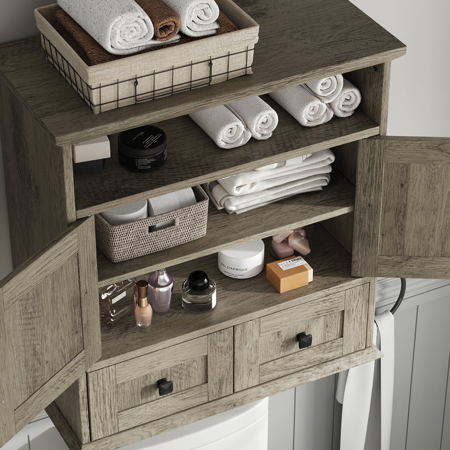 NEGYLIM Wall-Mounted Bathroom Cabinet with Barn Doors, Adjustable Shelf, 2 Drawers, Rustic Modern Style Storage Organizer for Toilet, Bathroom, Laundry Room