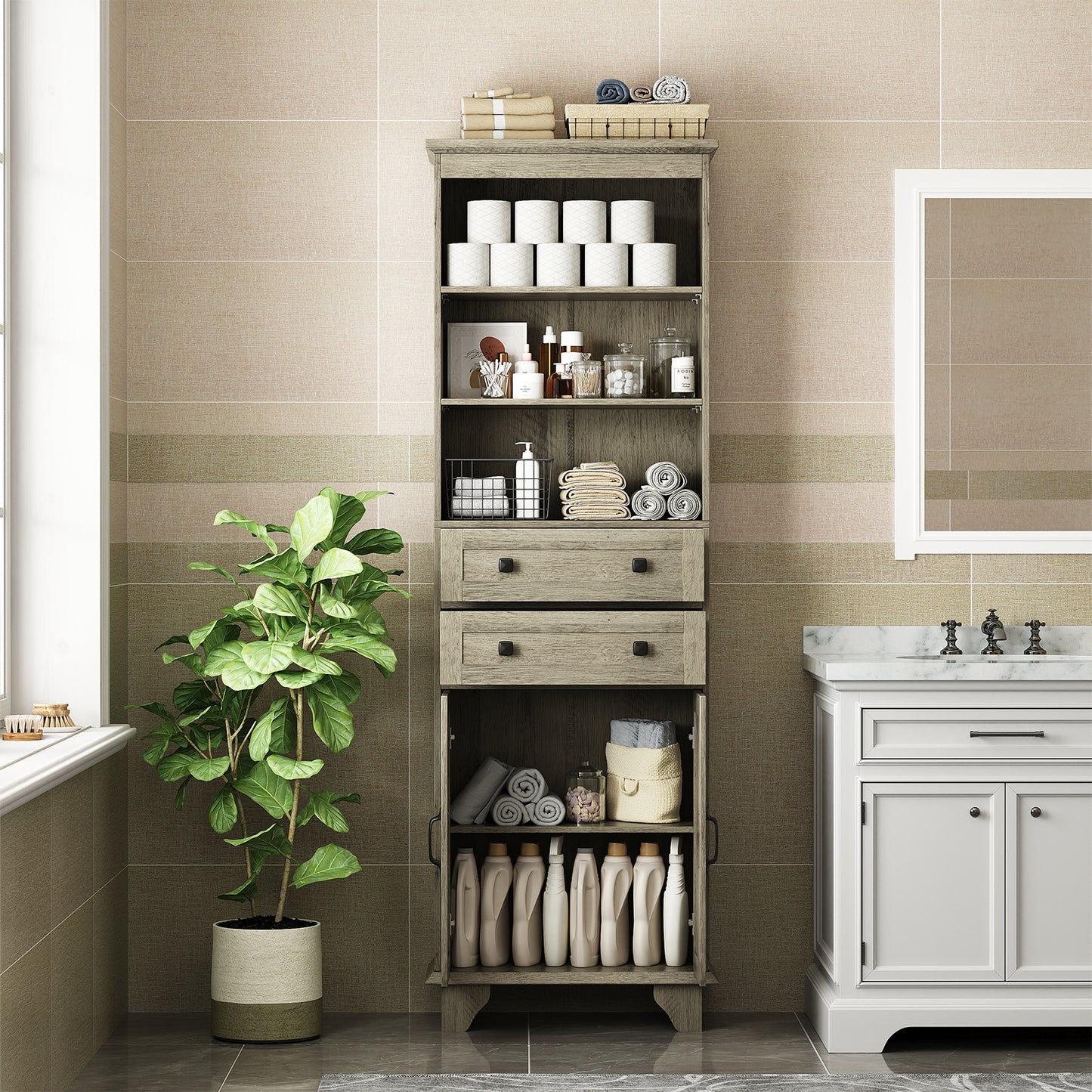 NEGYLIM 72" Tall Bathroom Storage Cabinet, Freestanding Cabinet with Adjustable Shelves, Large Bathroom Pantry Cabinet with 2 Drawers for Living Room, Kitchen, Dining Room, Office, Grey