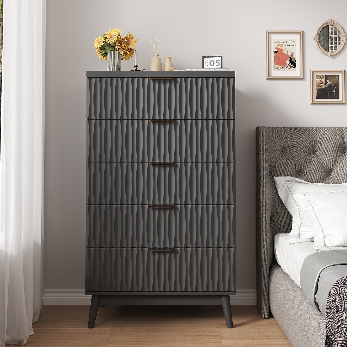 NEGYLIM 5 Drawer Dresser for Bedroom, 47"H Fluted Dresser Modern Chest of Drawers with Metal Handle, Anti-collapse for Living Room, Hallway