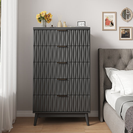 47" Tall 5 Fluted Drawer Dresser, Solid Wood Chest of Drawers with Glossy Handle, Storage Cabinet for Bedroom, Living Room, Entryway(Black)