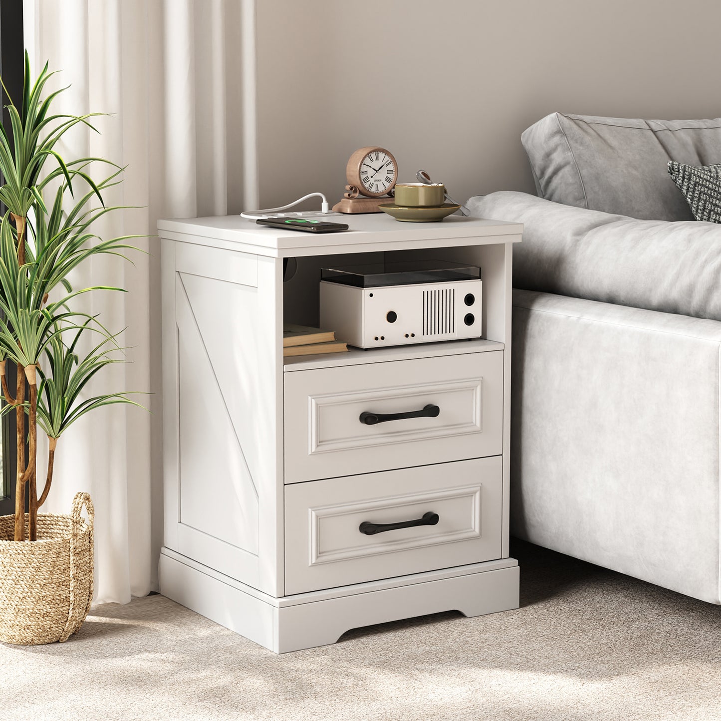 NEGYLIM Nightstand with Drawers for Bedroom, Farmhouse End Table with Charging Station, 2 Drawers Storage for Bedroom, White