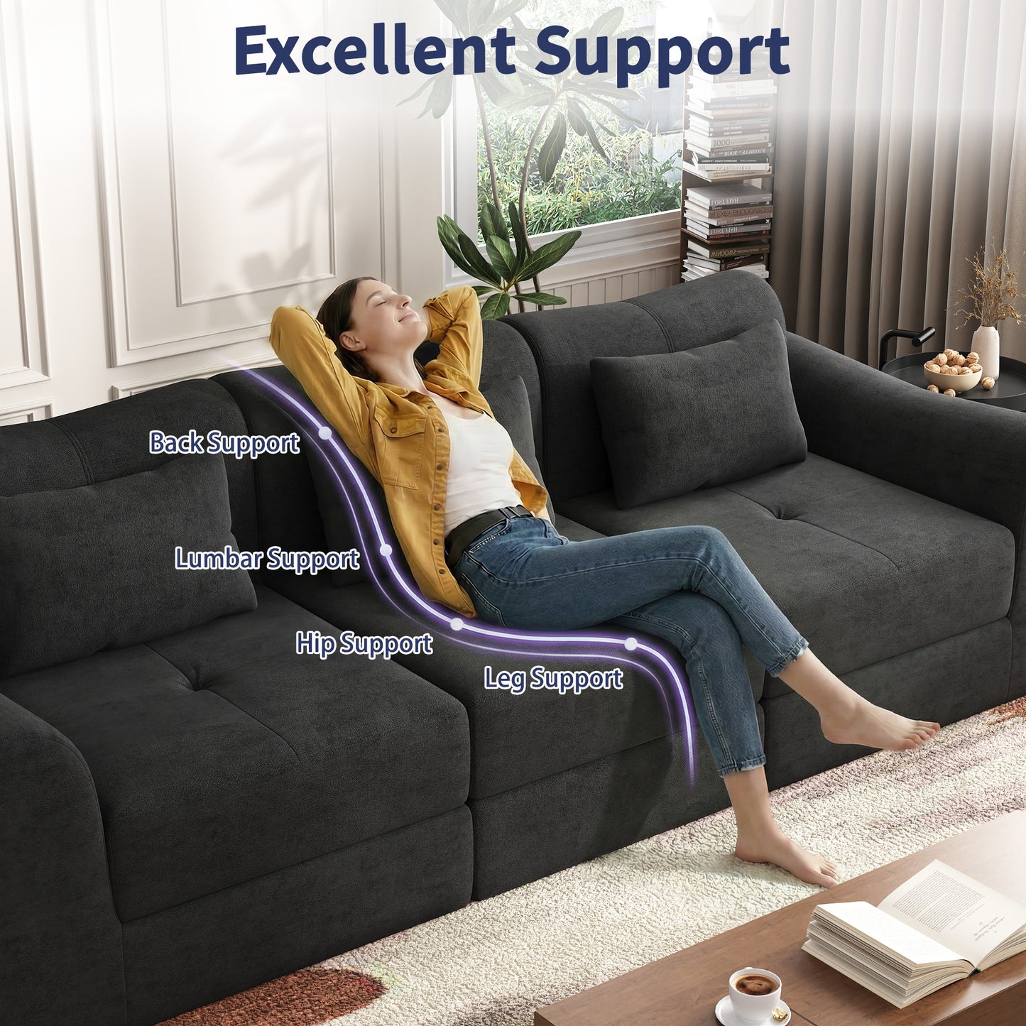 NEGYLIM 102" Modular Sectional Sofa, Chenille Cloud Sofa with Throw Pillows, Oversized Deep Seat Couch, Pet Friendly, No Assembly Required, Black