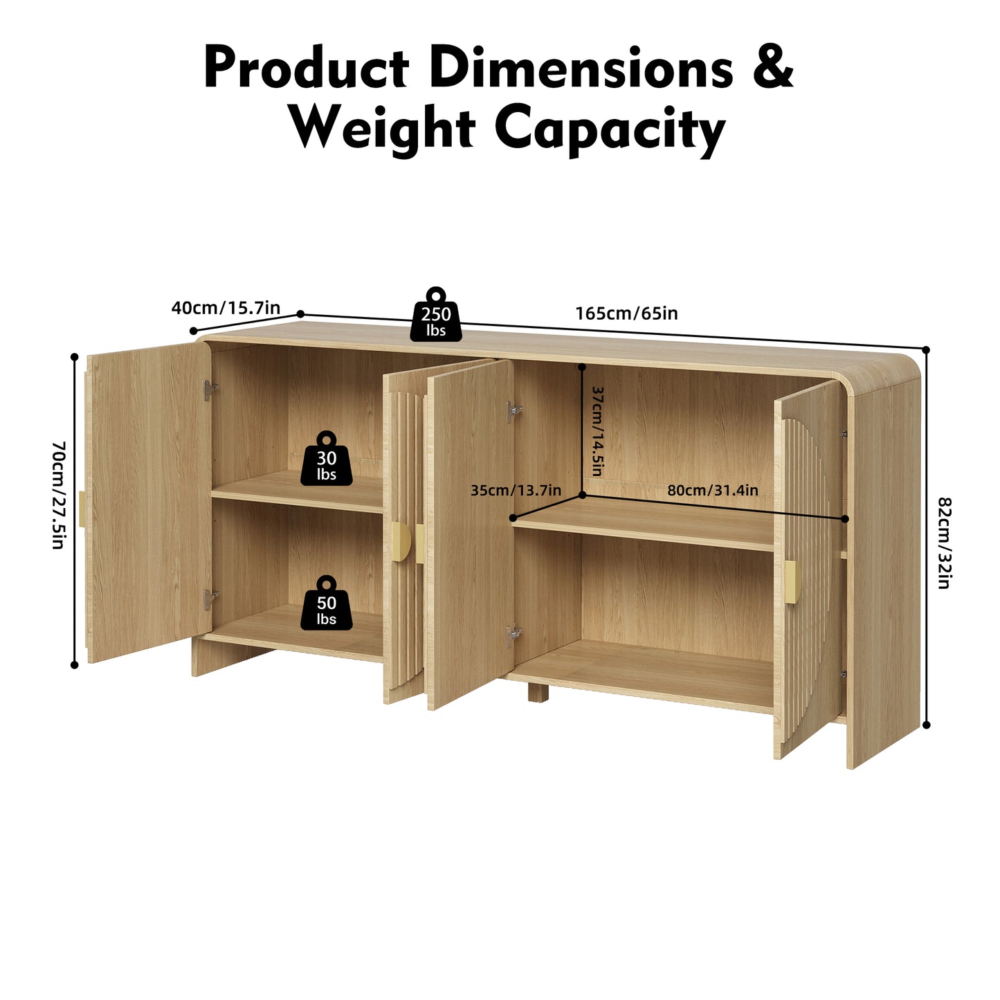65" Large Sideboard Buffet Cabinet with Adjustable Shelves – Modern Farmhouse Coffee Bar & Dining Room Storage, Solid Wood Kitchen Table with Doors (Natural Finish)