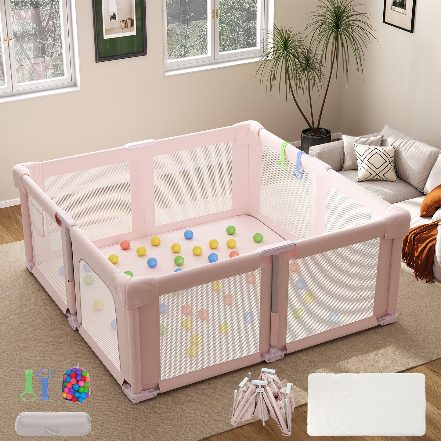 Baby Playpen 51" x 51", Play Pens for Babies and Toddlers Baby Fence Play Yards for Indoor & Outdoor with Breathable Mesh Anti-Fall Playpen, Pink