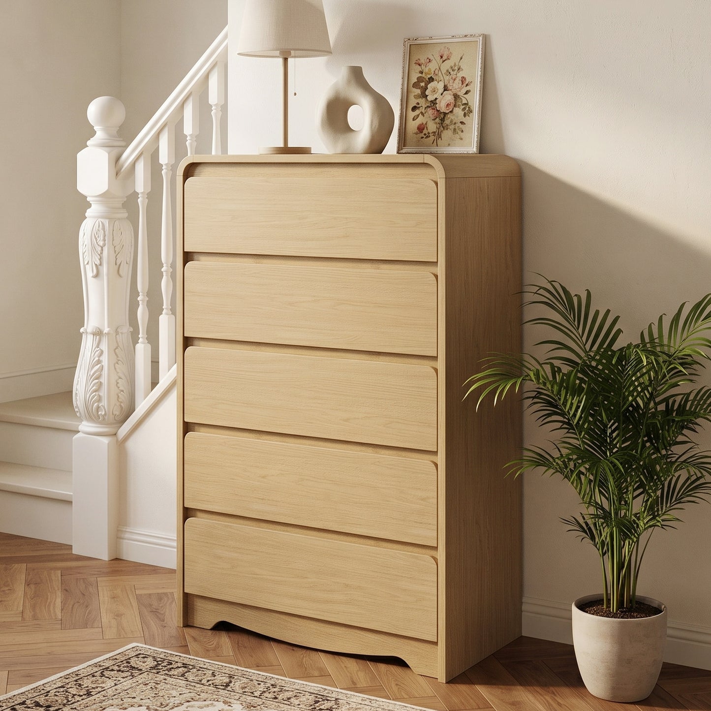 5 Drawer Tall Dresser – Modern White Chest of Drawers with Anti-Tip, Space-Saving Storage for Bedroom, Hallway, Entryway (Natural)