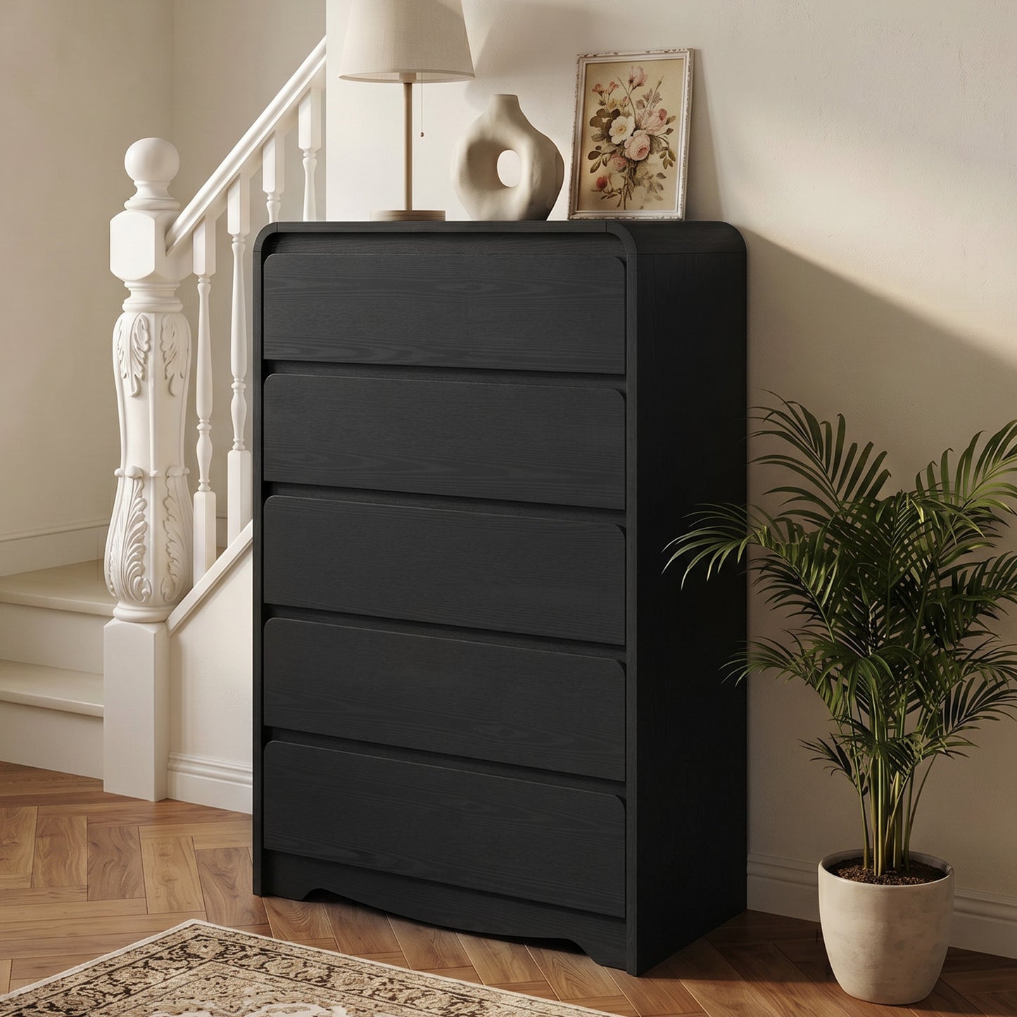 5 Drawer Tall Dresser – Modern Black Chest of Drawers with Anti-Tip, Space-Saving Storage for Bedroom, Hallway, Entryway (Black)