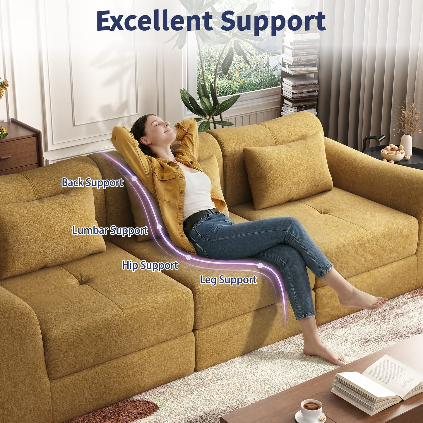 NEGYLIM 102" Modular Sectional Sofa, Chenille Cloud Sofa with Throw Pillows, Oversized Deep Seat Couch, Pet Friendly, No Assembly Required, Mustard Yellow