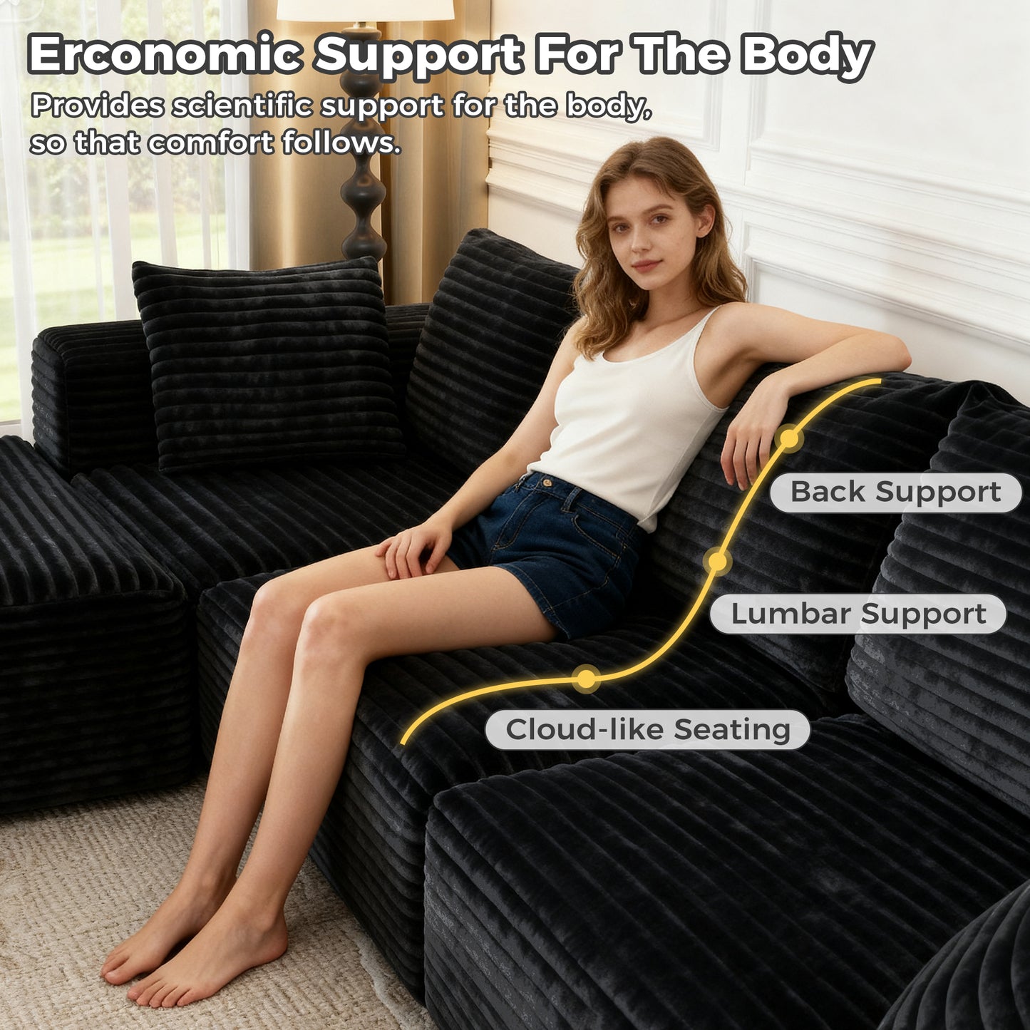 137 inch U-Shaped Sectional Sofa, Cloud-Like Big Modular Couch with Chaise, No Assembly Required, High Density Foam Never Sags, Soft Corduroy Fabric Sofa for Large Space, (Black)