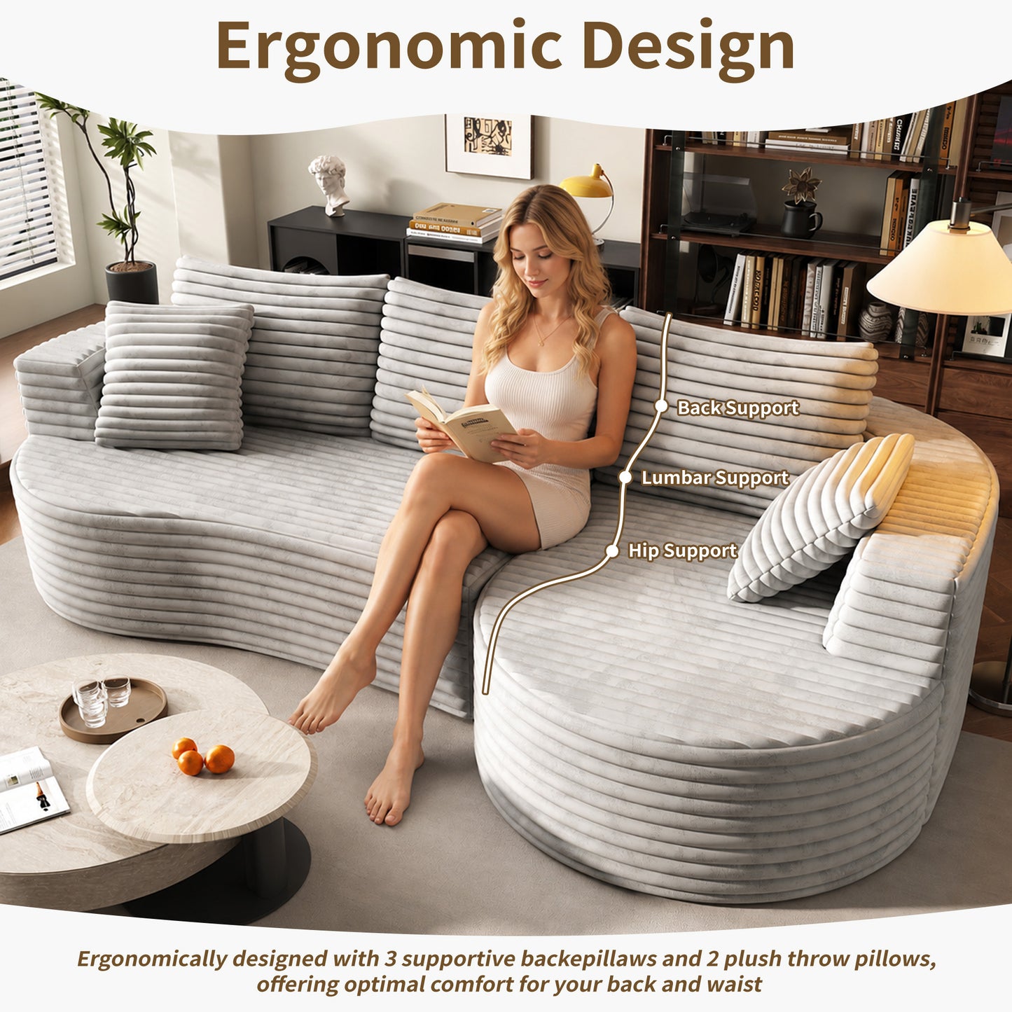 118” Round Curved Modular Sectional Sofa, Cloud Deep Seat Sectional Couch, Modern L-Shape Sofa with Chaise Lounge, Upholstered Boneless Curved Couches for Living Room(Deep Gray)