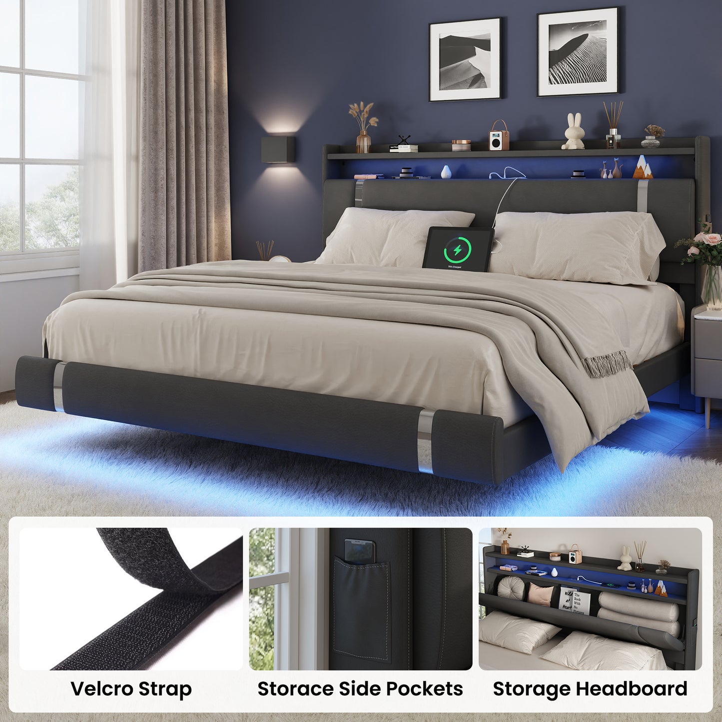 NEGYLIM Floating Bed Frame King Size with LED Lights, Easy to Assemble, Metal Platform Bed with Storage Headboard, No Box Spring Needed, White