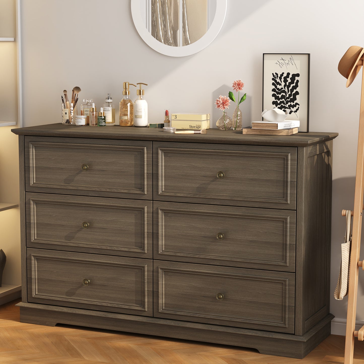 6 Drawer Chest of Drawers, Modern Storage Cabinet Dresser Organizer Unit with Antique Bronze Round Handles for Living Room, Closet, Hallway, Entryway