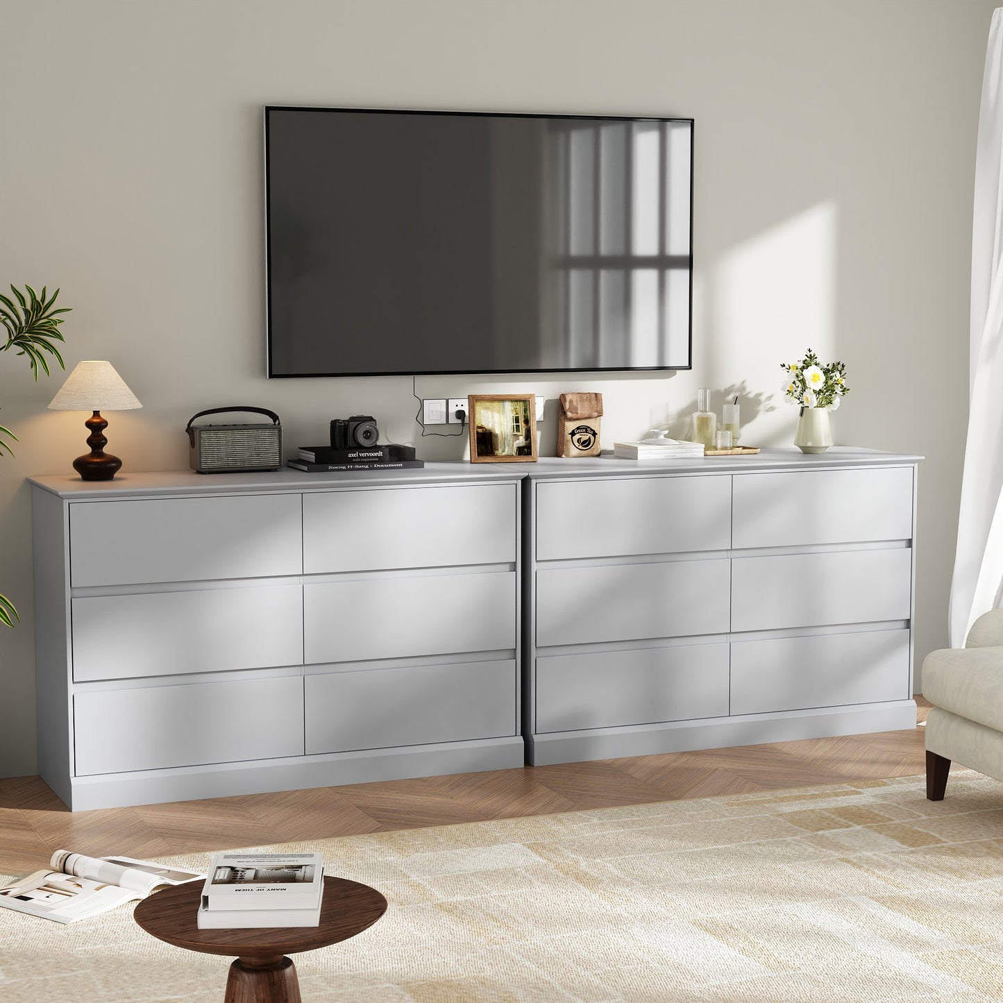 6 Drawer Dresser for Bedroom, White Dresser Double Chest of Drawers, Modern Wood Dressers with Deep Drawers for Living Room,Gray