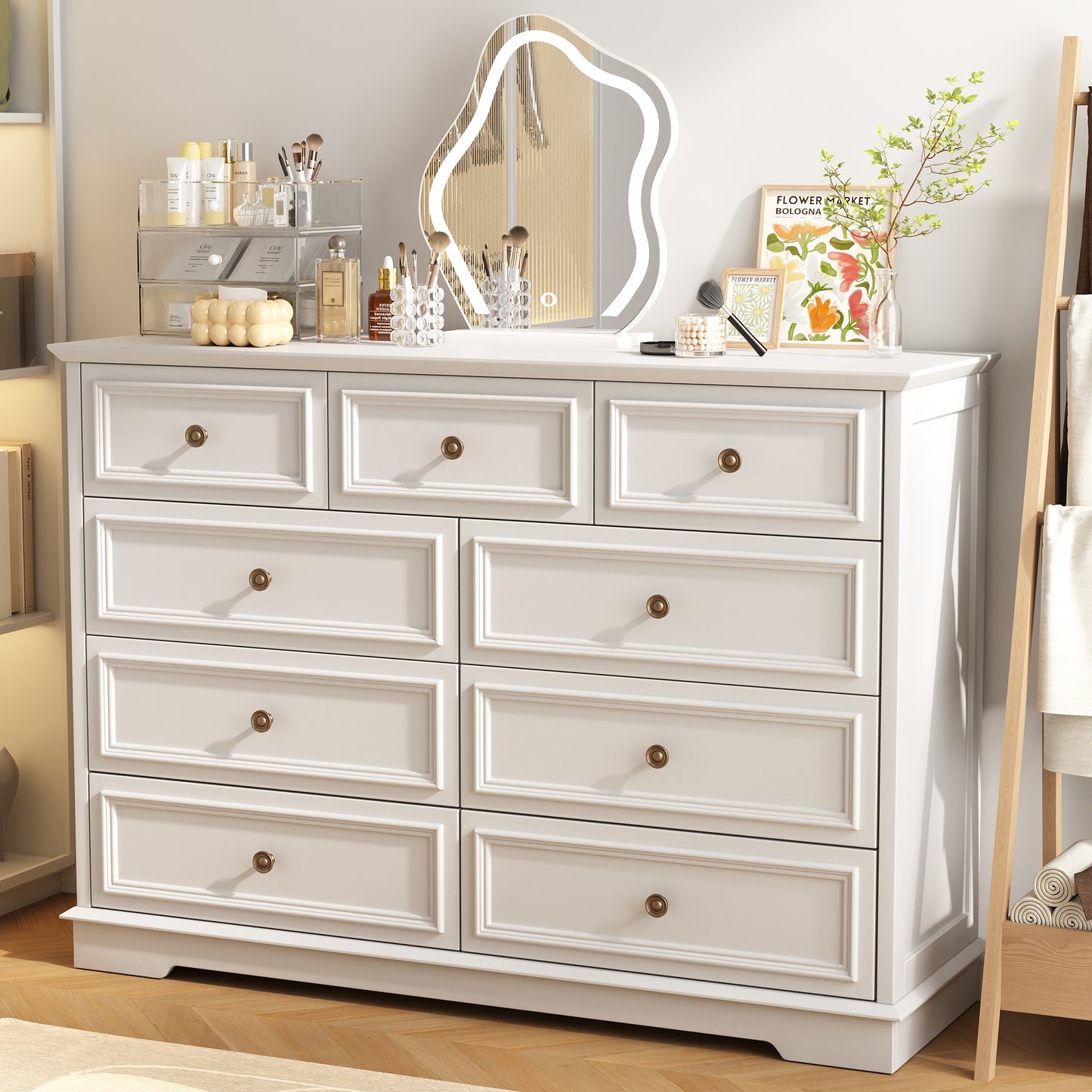 9 Drawer Dresser, Wood Chest of Drawers, Rustic-Style Dresser with Metal Handles, Tall Storage Dresser Organizer, Suitable for Bedroom, Closet, Living Room, Hallway and Entryway