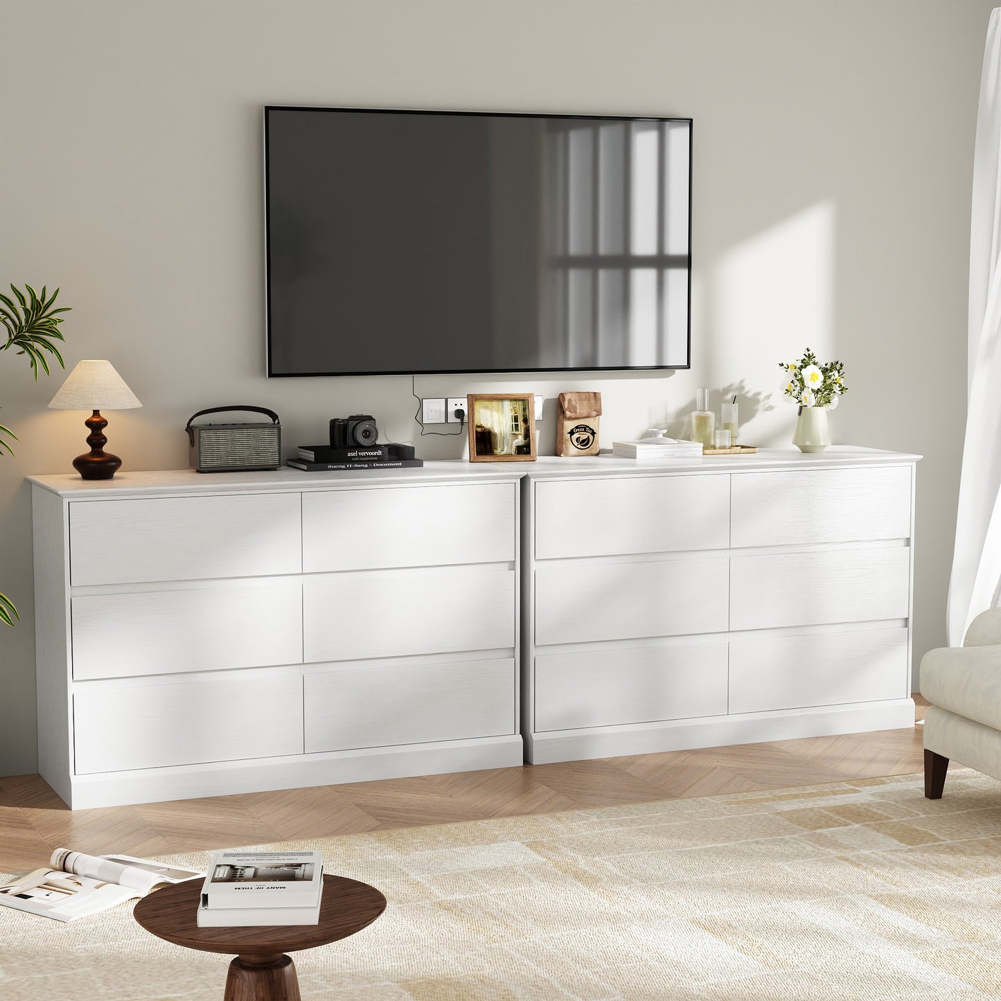 6 Drawer Dresser for Bedroom, White Dresser Double Chest of Drawers, Modern Wood Dressers with Deep Drawers for Living Room,White