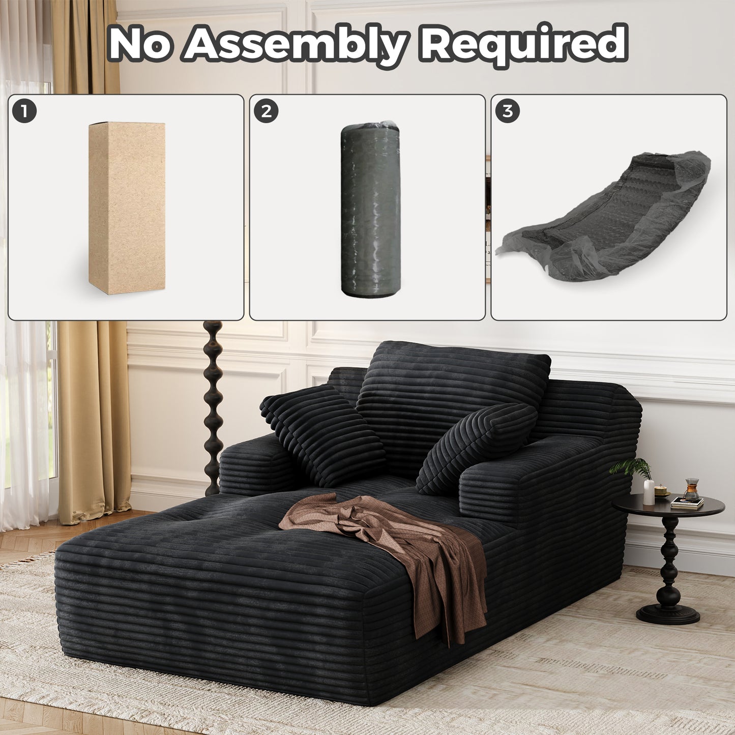 67'' Oversized Chaise Lounge Chair, Cloud Plush Corduroy Sofa Bed for Living Room, Modern Deep Seat Sleeper Couch with Back Cushion, No Assembly Required, (Deep Black)