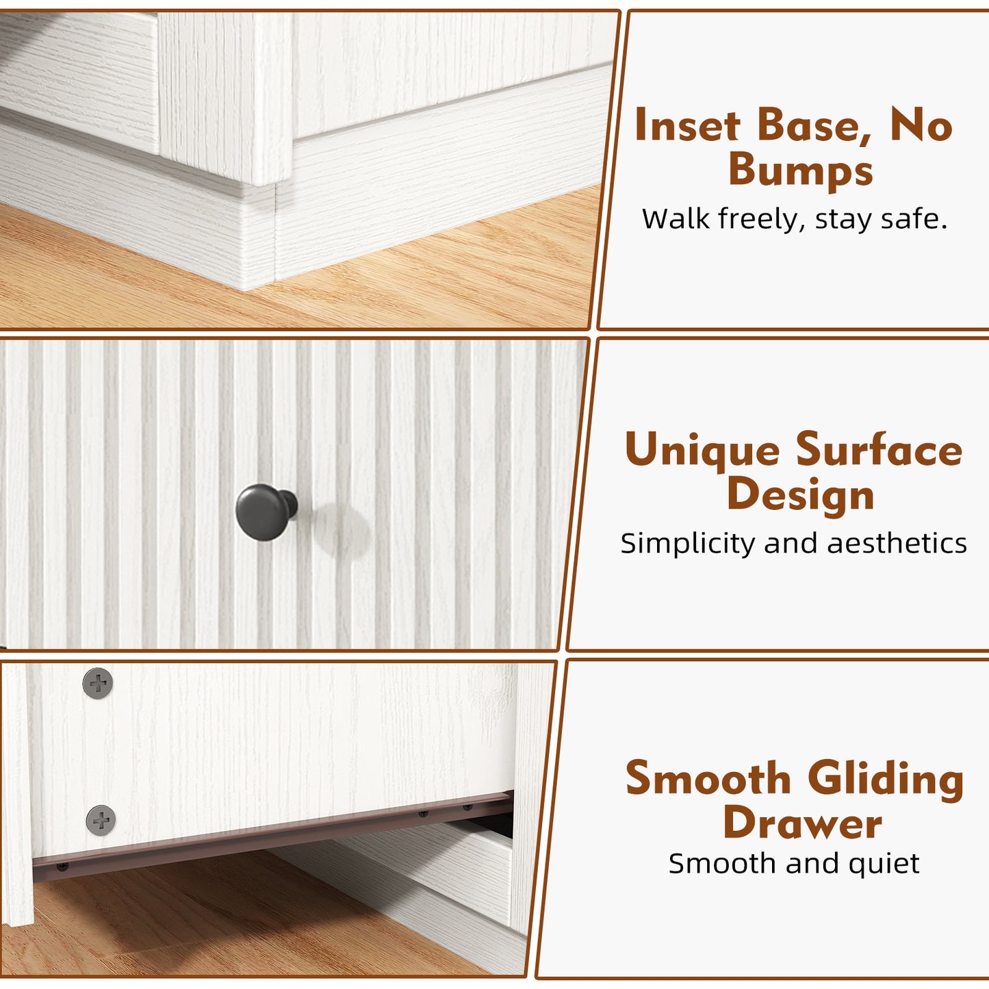Modern Nightstand with Charging Station & 3 Drawers, 24 Inch Wide Bedside Table Set of 2 for Bedroom and Living Room, Large Storage End Table with Fluted Design, White