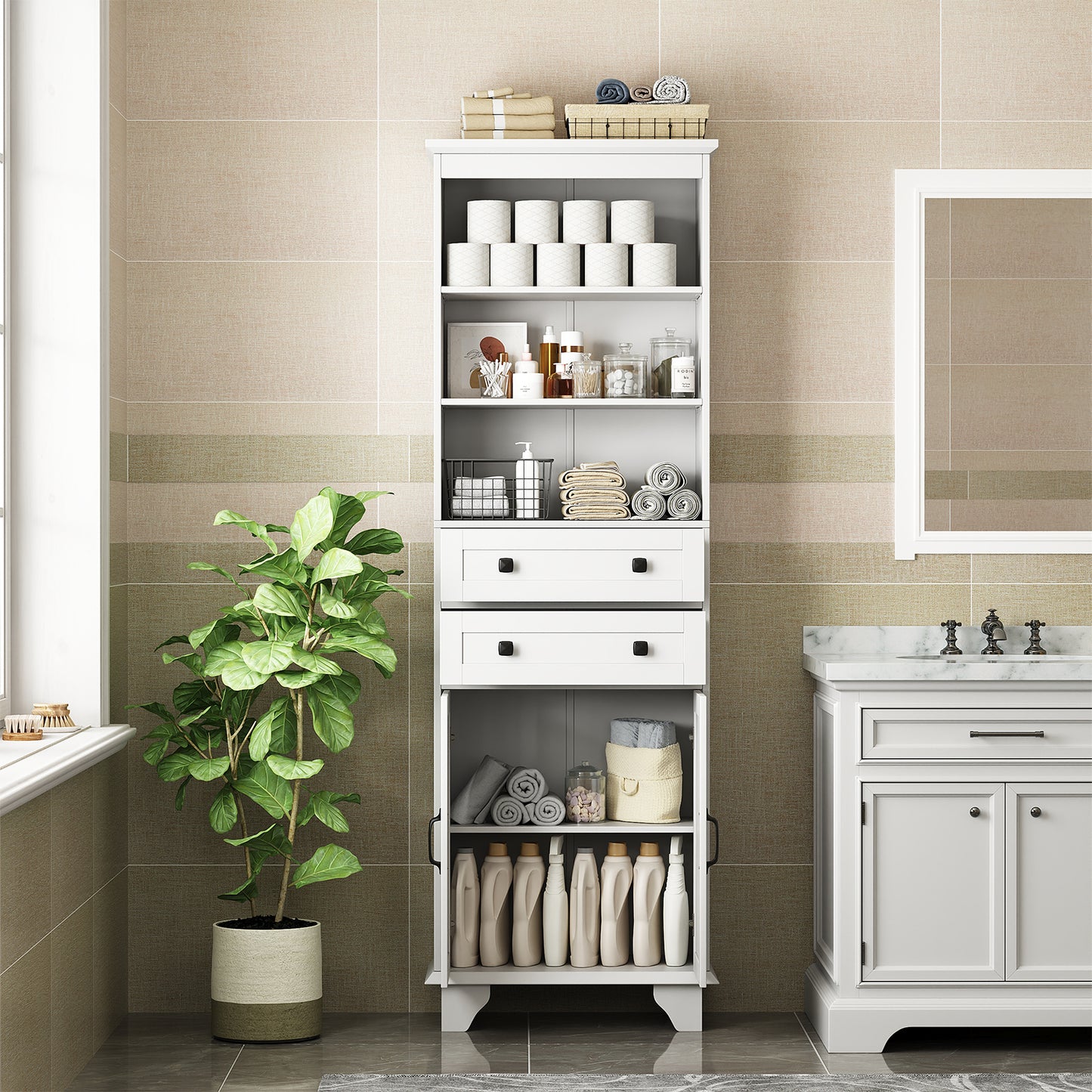 NEGYLIM 72" Tall Bathroom Storage Cabinet, Freestanding Cabinet with Adjustable Shelves, Large Bathroom Pantry Cabinet with 2 Drawers for Living Room, Kitchen, Dining Room, Office, White