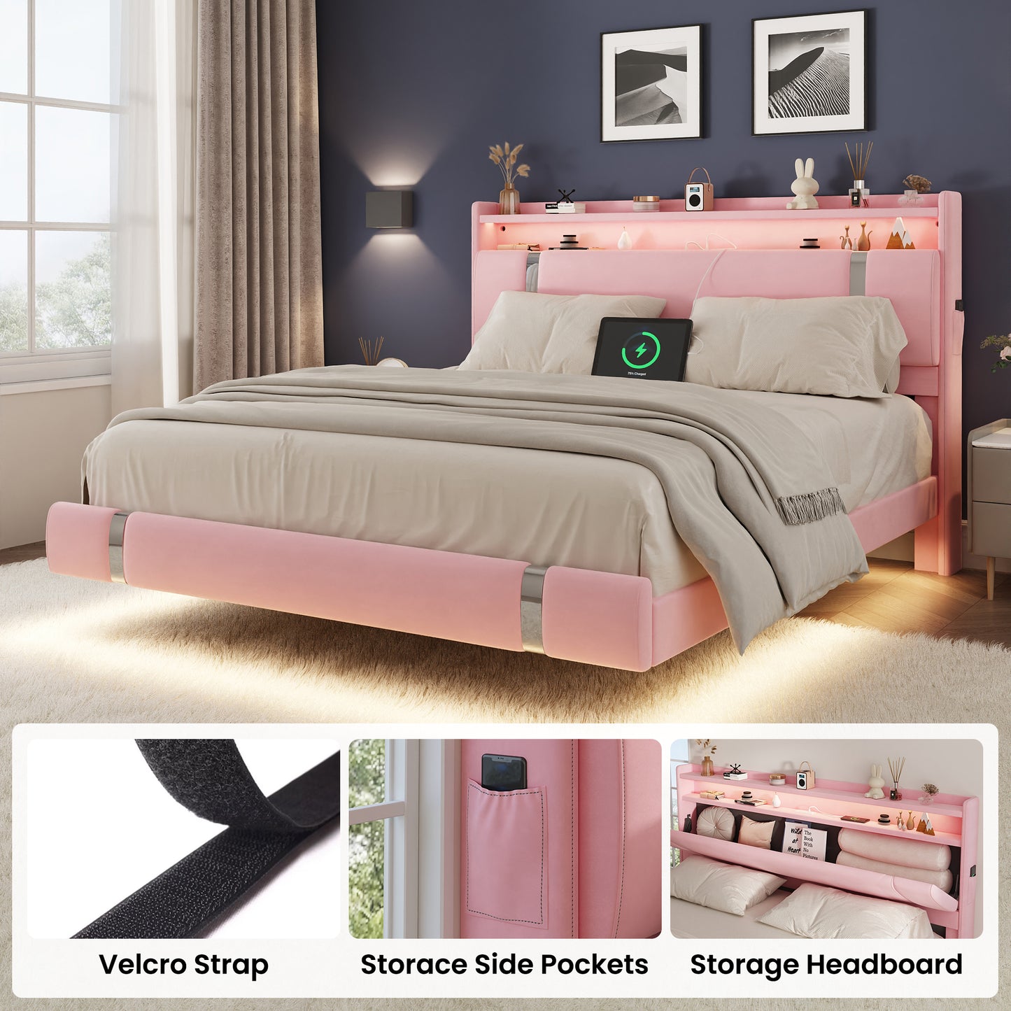NEGYLIM Floating Bed Frame Queen Size with LED Lights, Easy to Assemble, Metal Platform Bed with Storage Headboard, No Box Spring Needed, Pink
