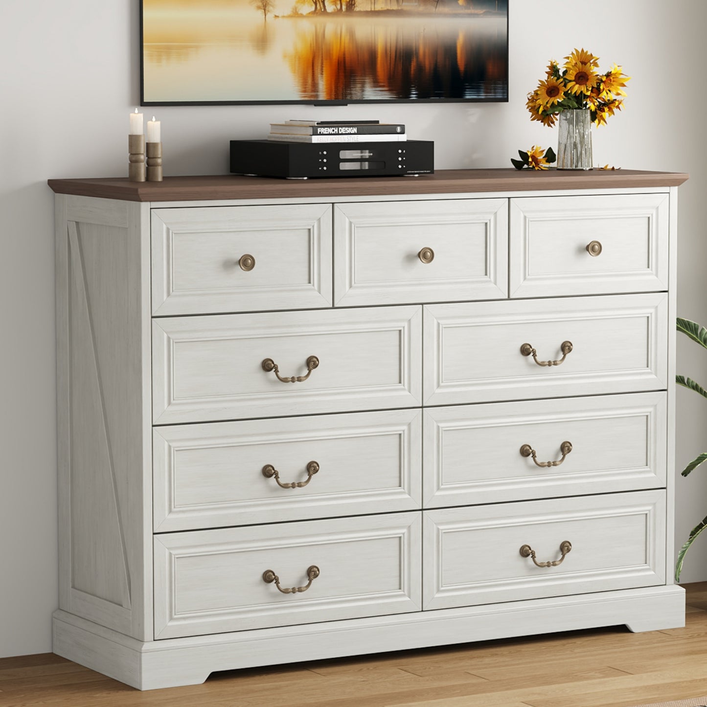NEGYLIM 9 Drawers Dresser for Bedroom Dressers & Chest of Drawers with Vintage Handles,Long White Dresser for Living Room,Hallway,Study(Rustic White)