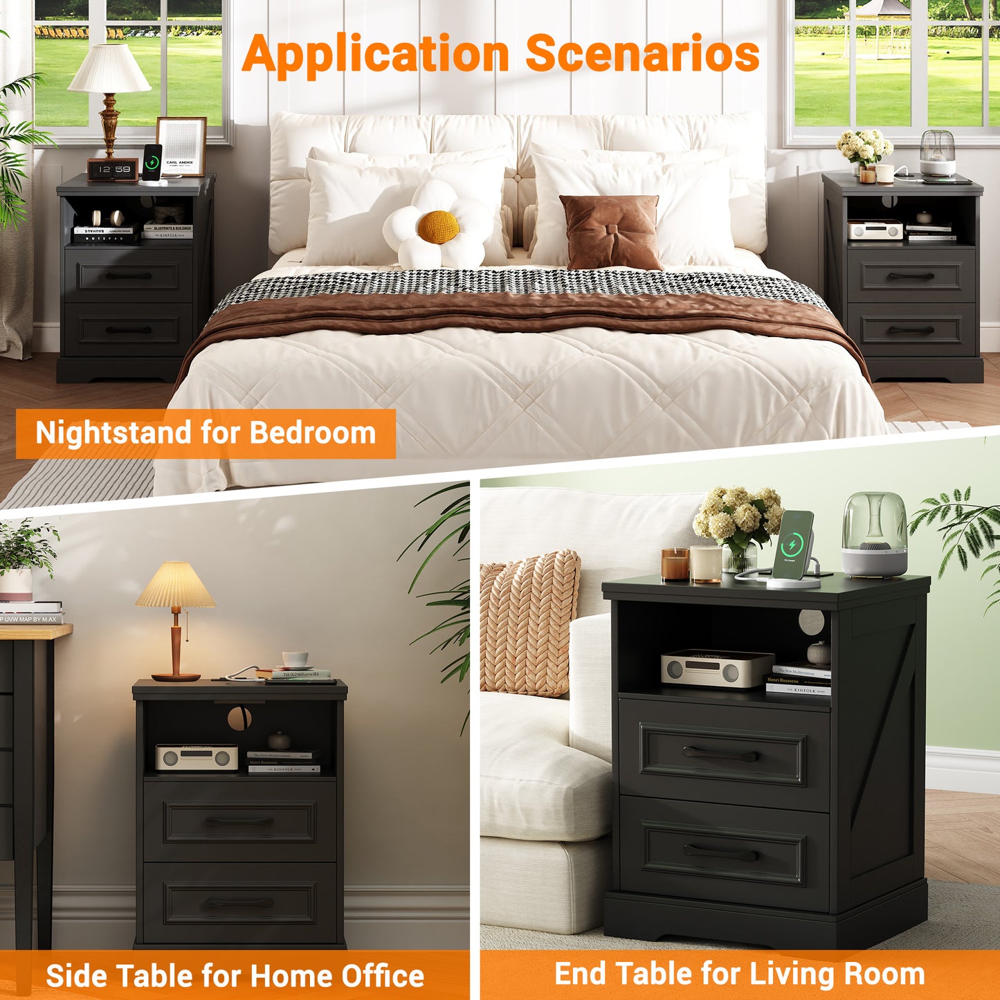 NEGYLIM Nightstand with Drawers for Bedroom, Farmhouse End Table with Charging Station, 2 Drawers Storage for Bedroom