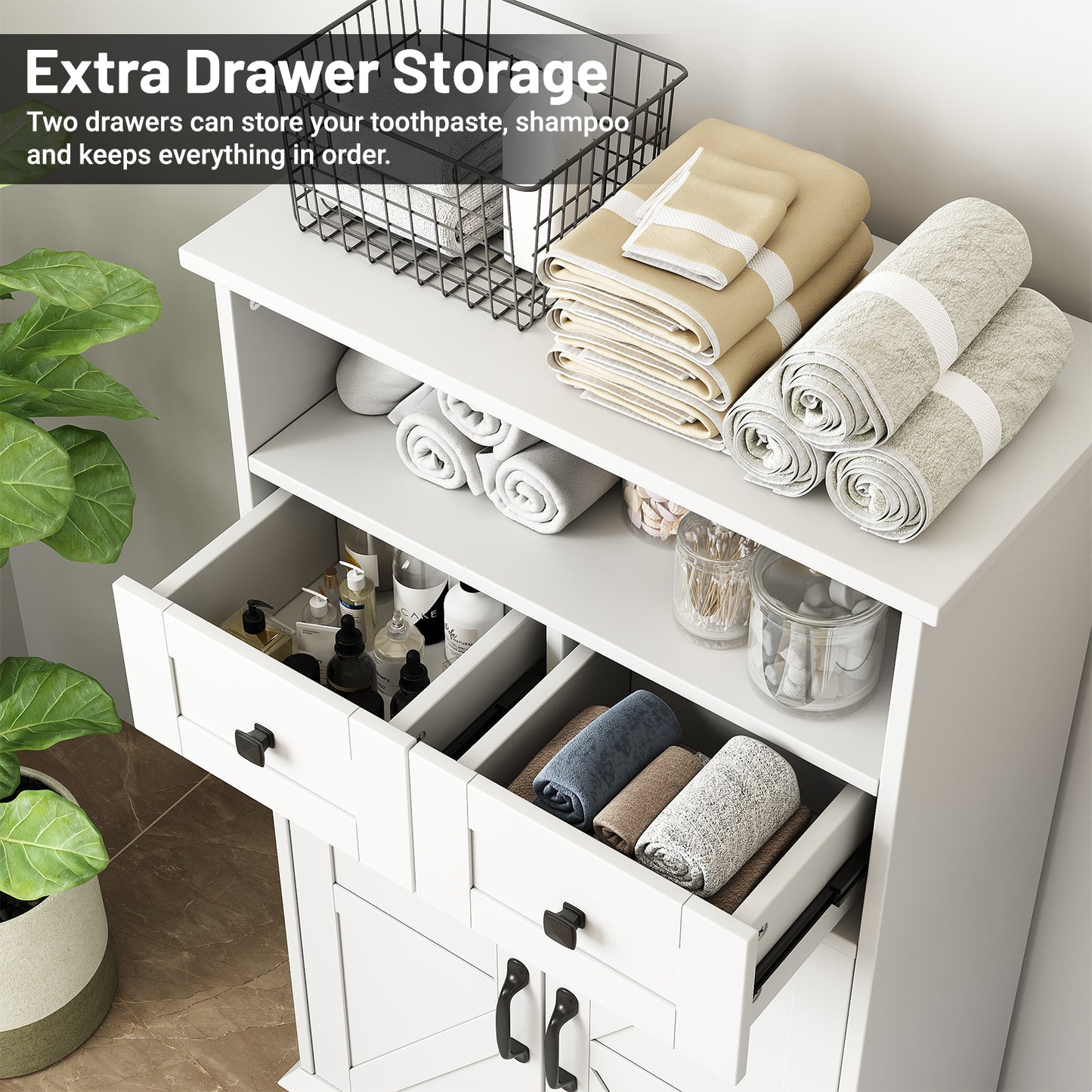 Bathroom Storage Cabinet, Farmhouse Bathroom Floor Cabinet freestanding with Doors and Drawers, 41.3"H Bathroom Organizer with Adjustable Shelf, White