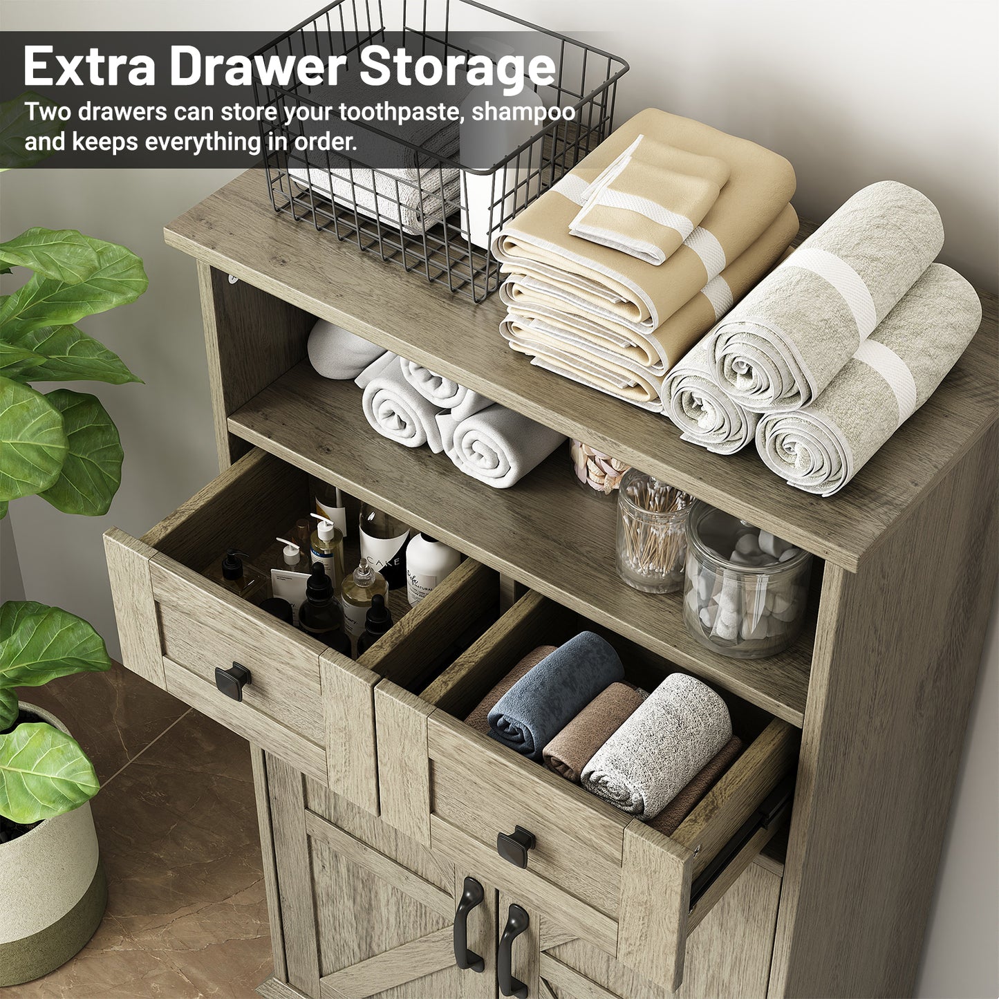 Bathroom Storage Cabinet, Farmhouse Bathroom Floor Cabinet freestanding with Doors and Drawers, 41.3"H Bathroom Organizer with Adjustable Shelf, Wood Grain
