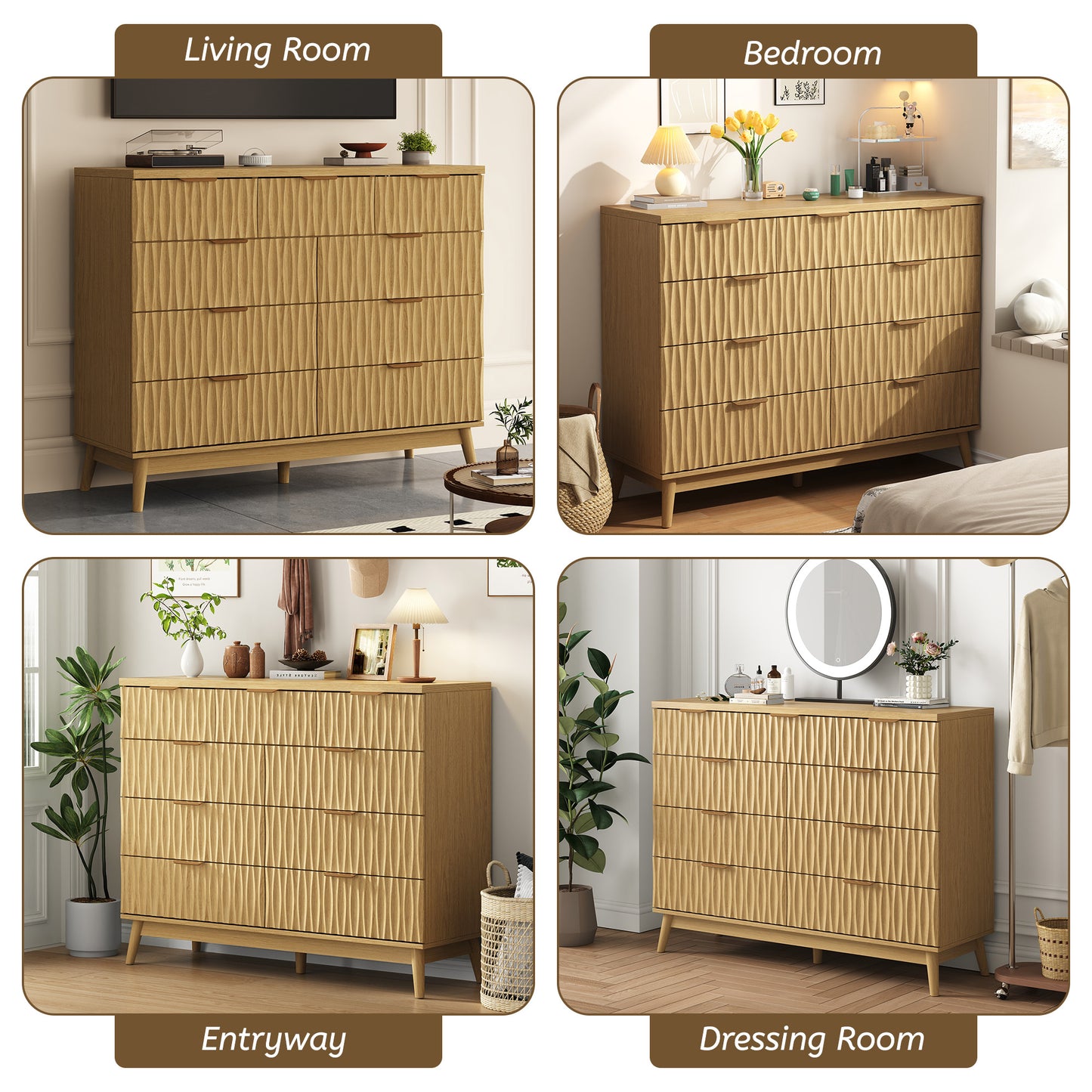 NEGYLIM 47" Wood Dressers with 9 Drawers for Bedroom, Fluted Wood Dresser Chest of Drawers for Bedroom, Storage Cabinet for TV Stand, Living Room, Entryway, Wood