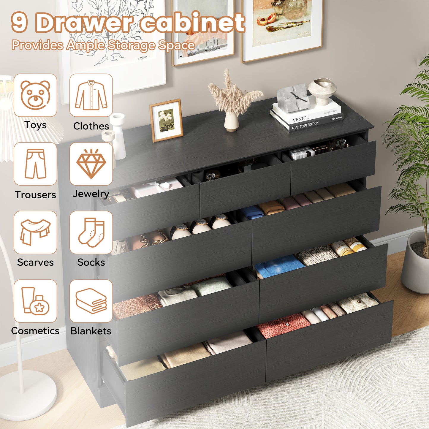 NEGYLIM 9 Drawer Dresser for Bedroom, White Dresser Chest of Drawers, Modern Wood Dressers with Deep Drawers for Living Room,Black