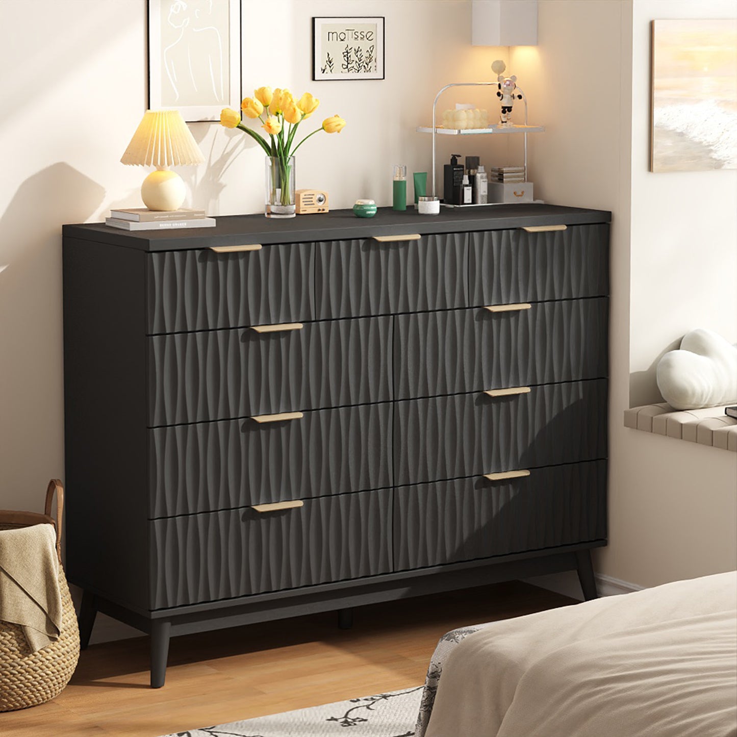 NEGYLIM 47" Wood Dressers with 9 Drawers for Bedroom, Fluted Wood Dresser Chest of Drawers for Bedroom, Storage Cabinet for TV Stand, Living Room, Entryway, Black
