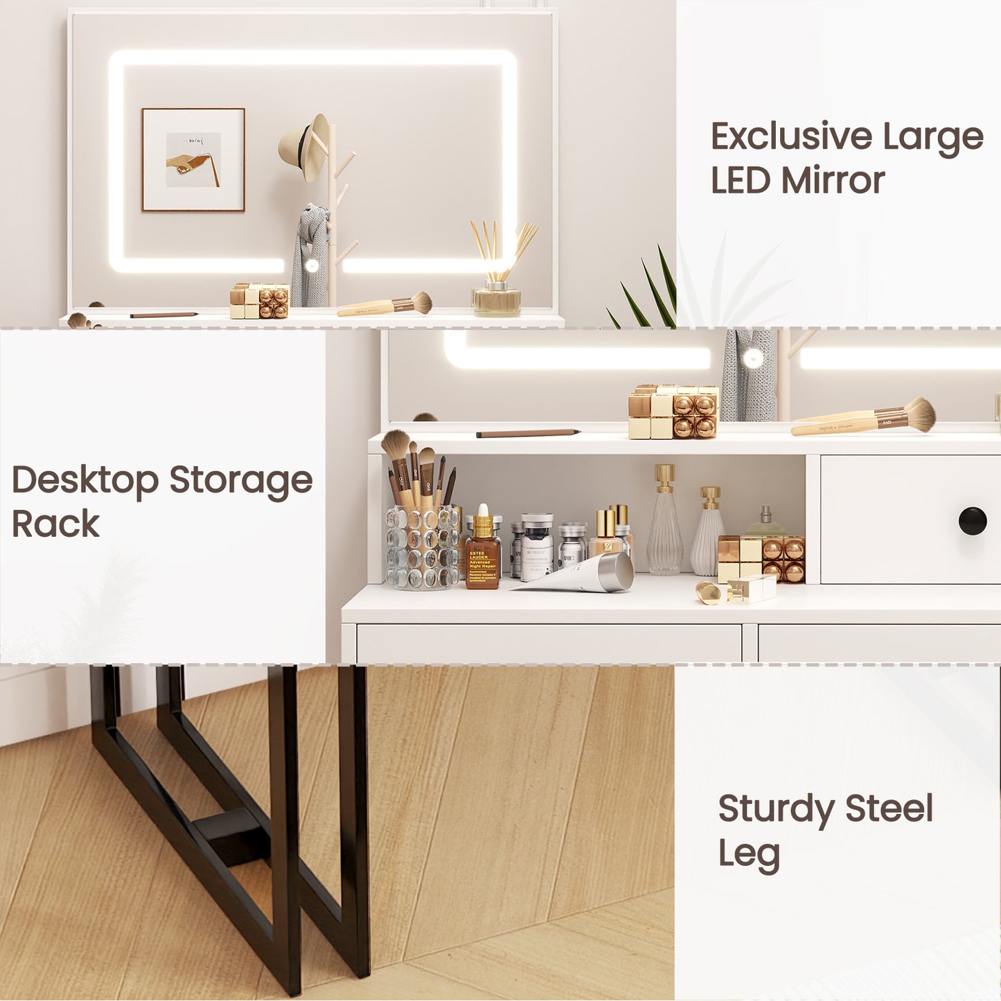 NEGYLIM Vanity with LED Lights and Mirror, White Makeup Vanity Desk with Drawers Dressing Tables Dresser Desk 3 Lighting Color Adjustable