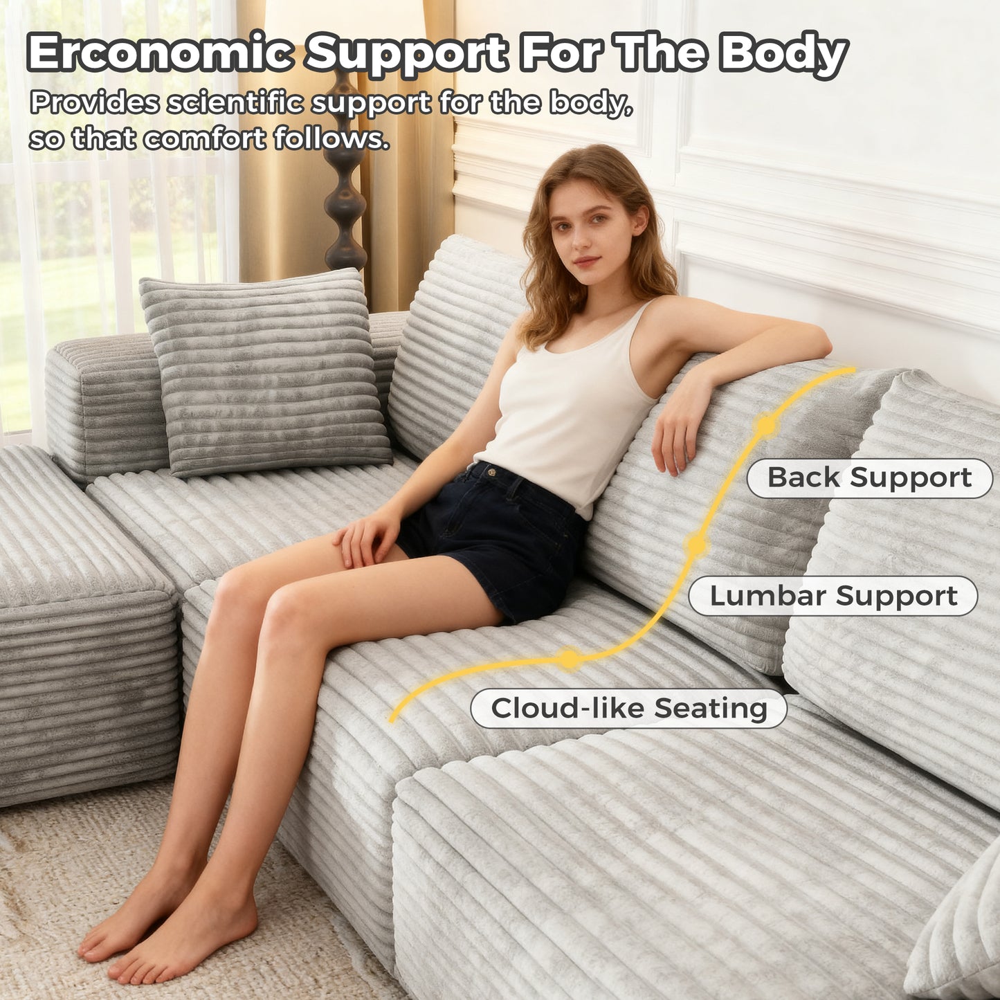 137 inch U-Shaped Sectional Sofa, Cloud-Like Big Modular Couch with Chaise, No Assembly Required, High Density Foam Never Sags, Soft Corduroy Fabric Sofa for Large Space, (White)