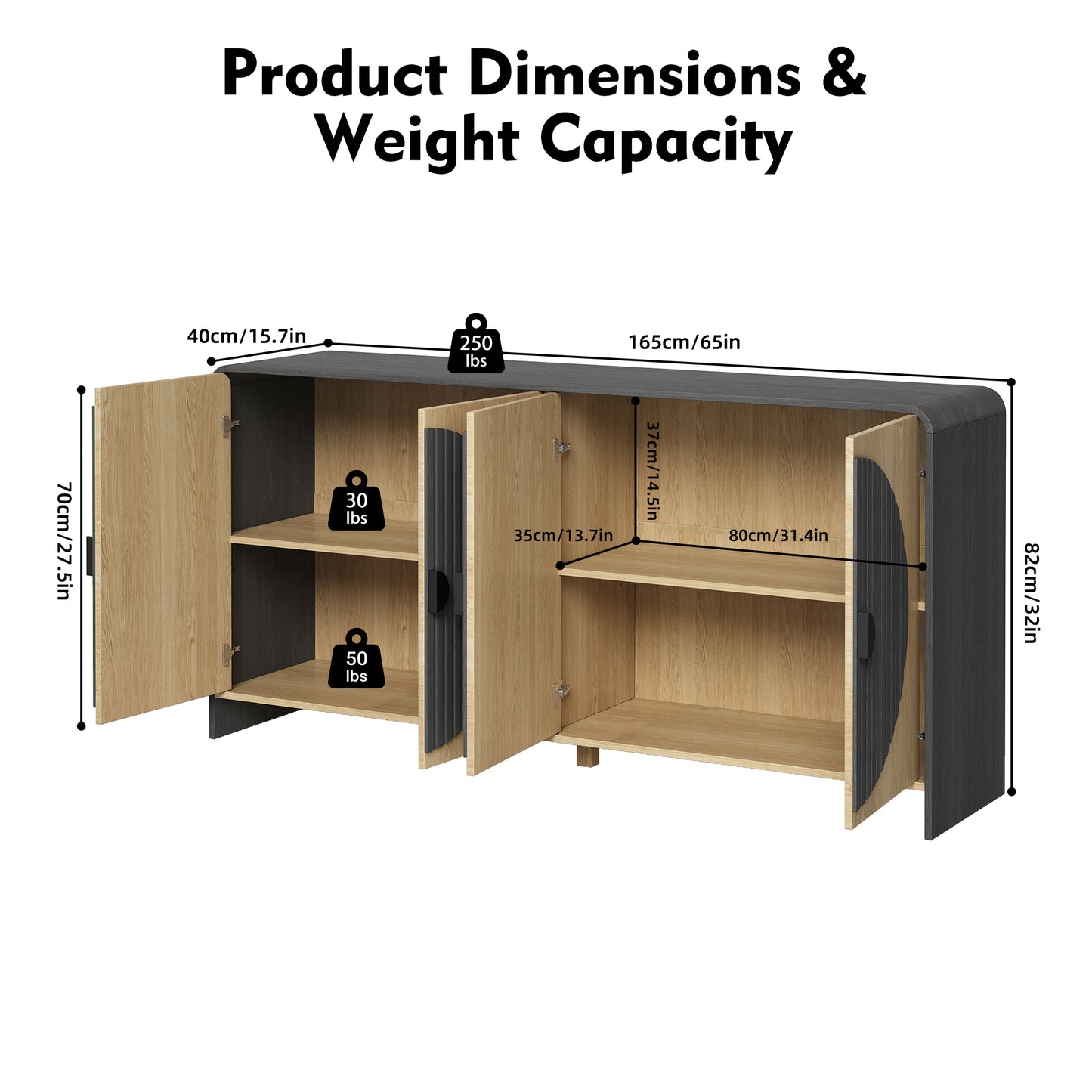 65" Large Sideboard Buffet Cabinet with Adjustable Shelves – Modern Farmhouse Coffee Bar & Dining Room Storage, Solid Wood Kitchen Table with Doors (Black)