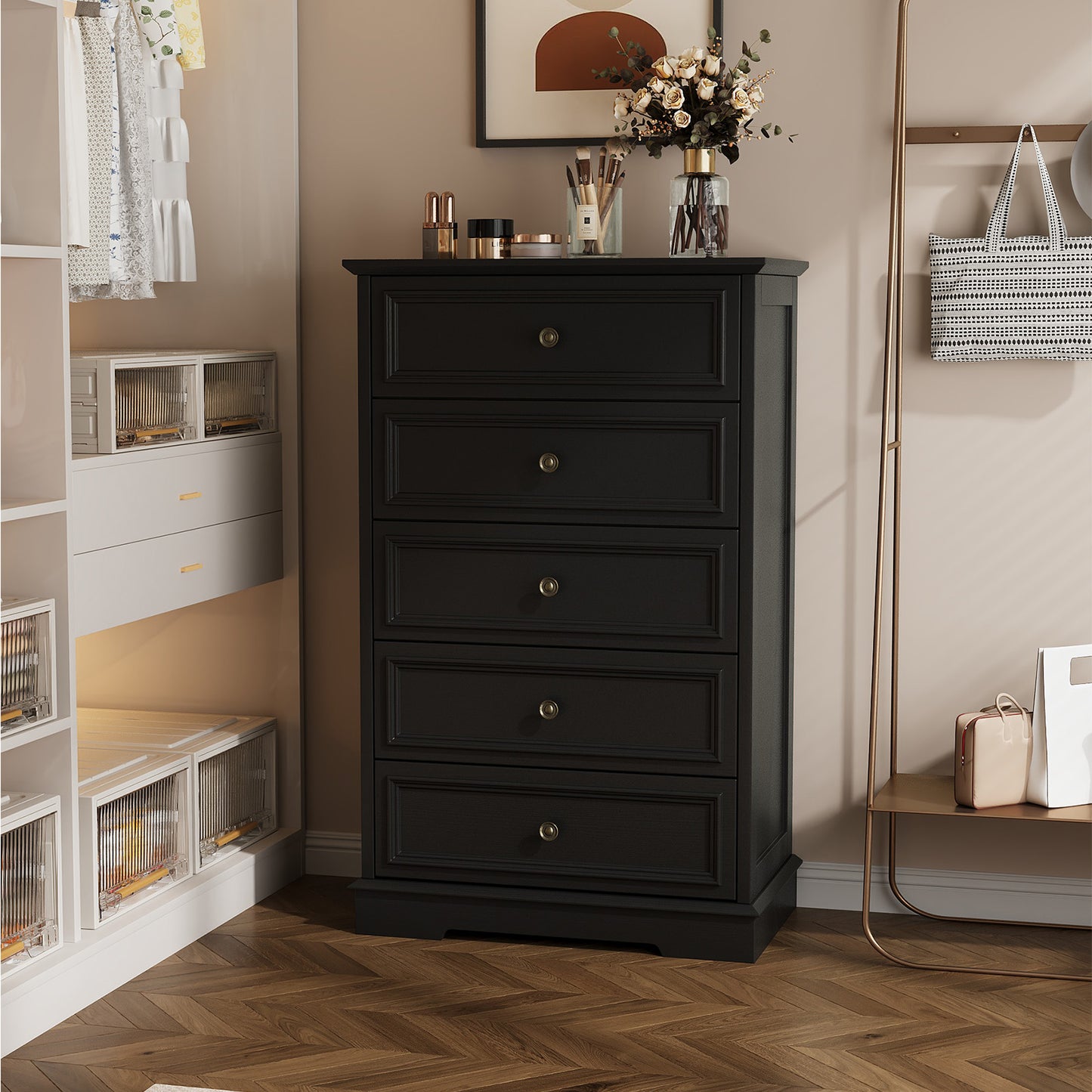 NEGYLIM 5 Drawer Dresser, Chest of Drawers for Bedroom, Modern Storage Cabinet Dresser Organizer Unit with Antique Bronze Round Handles for Living Room, Closet, Hallway, Entryway