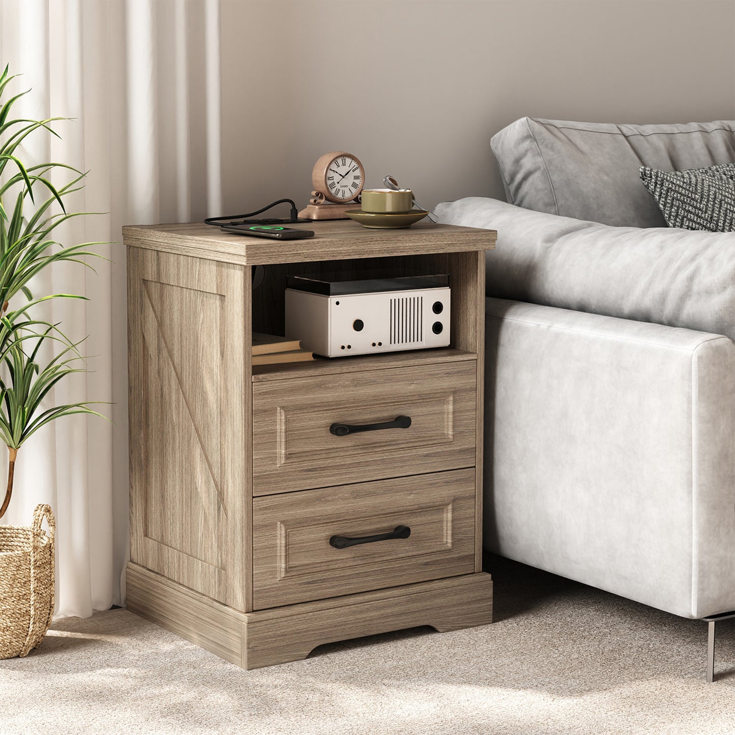 NEGYLIM 2-Piece Nightstand, Farmhouse End Table with Charging Station, 2 Drawers Storage for Bedroom