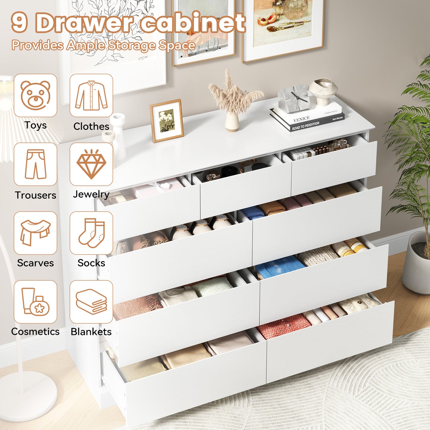 9 Drawers Dresser for Bedroom, Wood Chest of Drawers, Wide Closet Storage Dressers Organizer for Hallway, TV Stand for Living Room, White