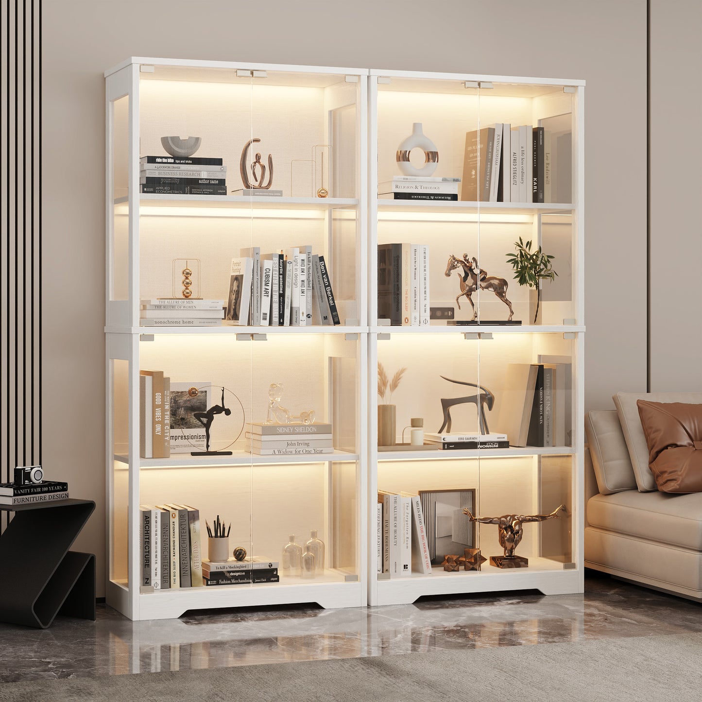 4 Tier LED Lighted Display Cabinet with Tempered Glass Doors, Dustproof Collectible Storage Shelf for Gundam Action Figures Gaming Accessories, Modern Tall Curio Showcase for Game Room Bedroom,White