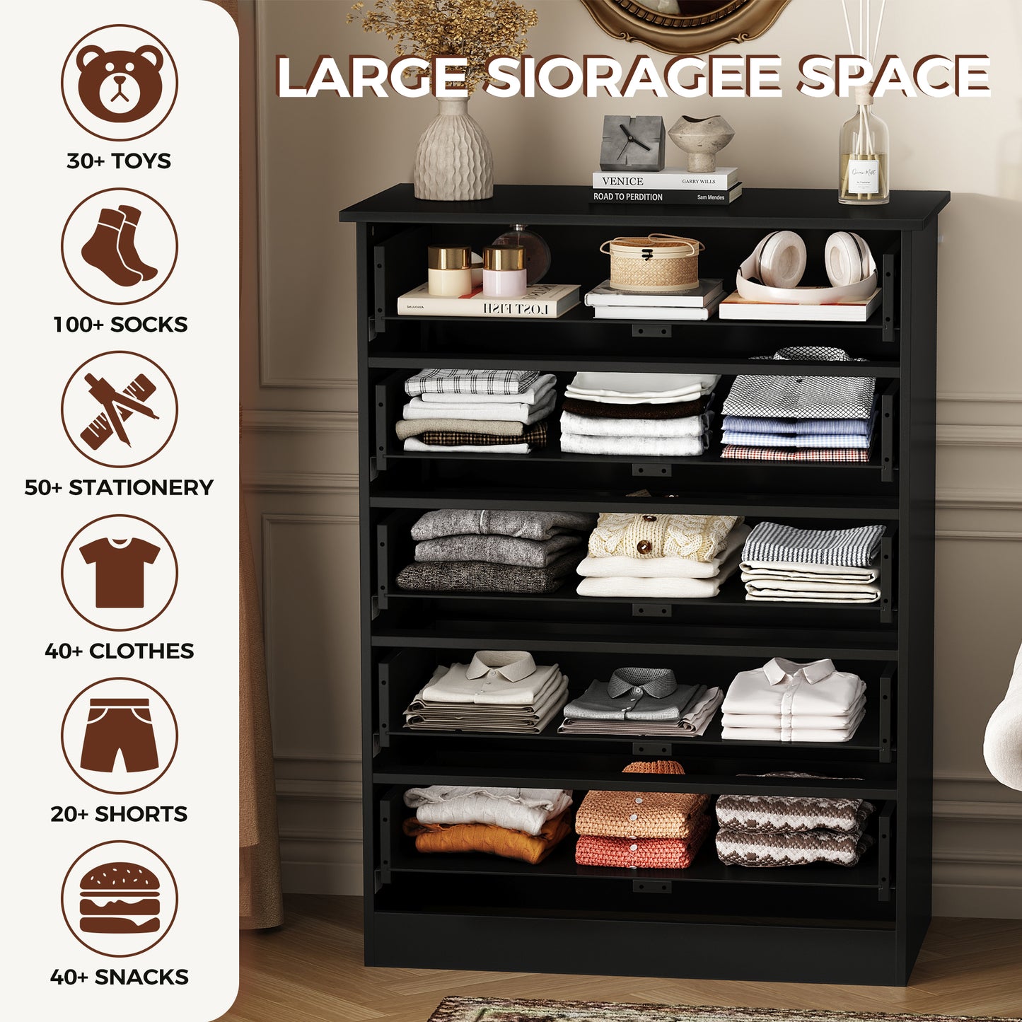 NEGYLIM 5 Drawer Dresser Tall, Modern White Chest of Drawers with Anti-Tip, Large Storage for Bedroom, Hallway, Entryway, (Black)